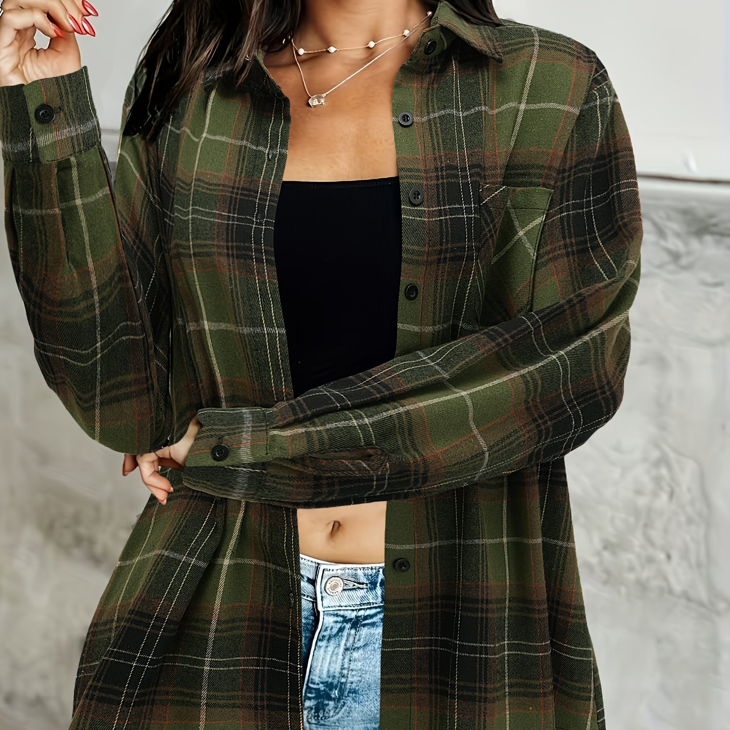 TEMU Camicia a quadri in flanella color block con tasche