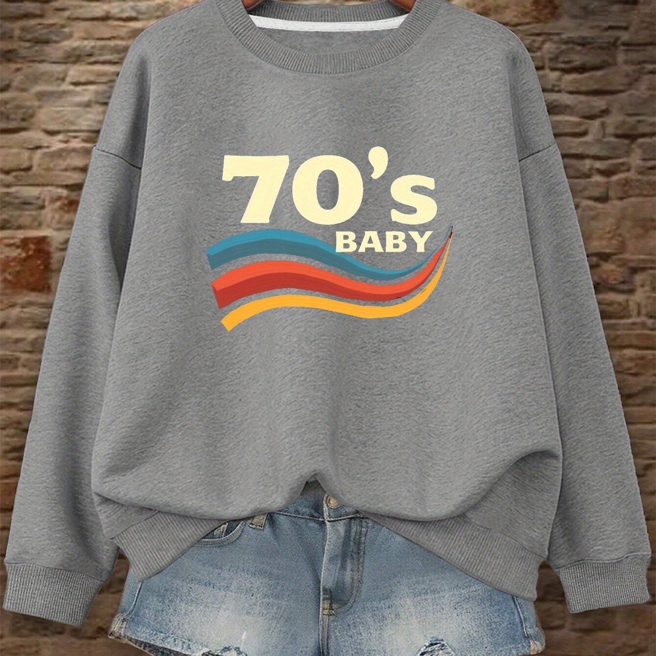 TEMU Retro Design Graphic Print Sweatshirt, Crew Neck Casual Sweatshirt For Fall & Spring, Women's Clothing