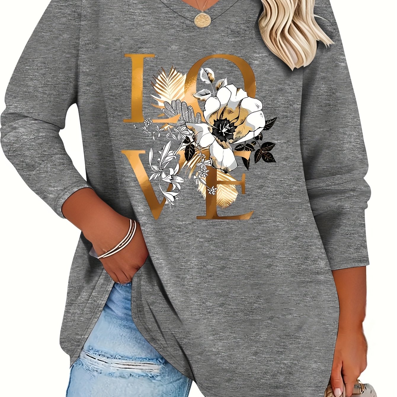 TEMU Grande Taille - Grande Taille - Mode Automne et Hiver Grande Taille Femme Imprimé Lettre Décontracté Col en V Manches Longues T-Shirt, en - et
