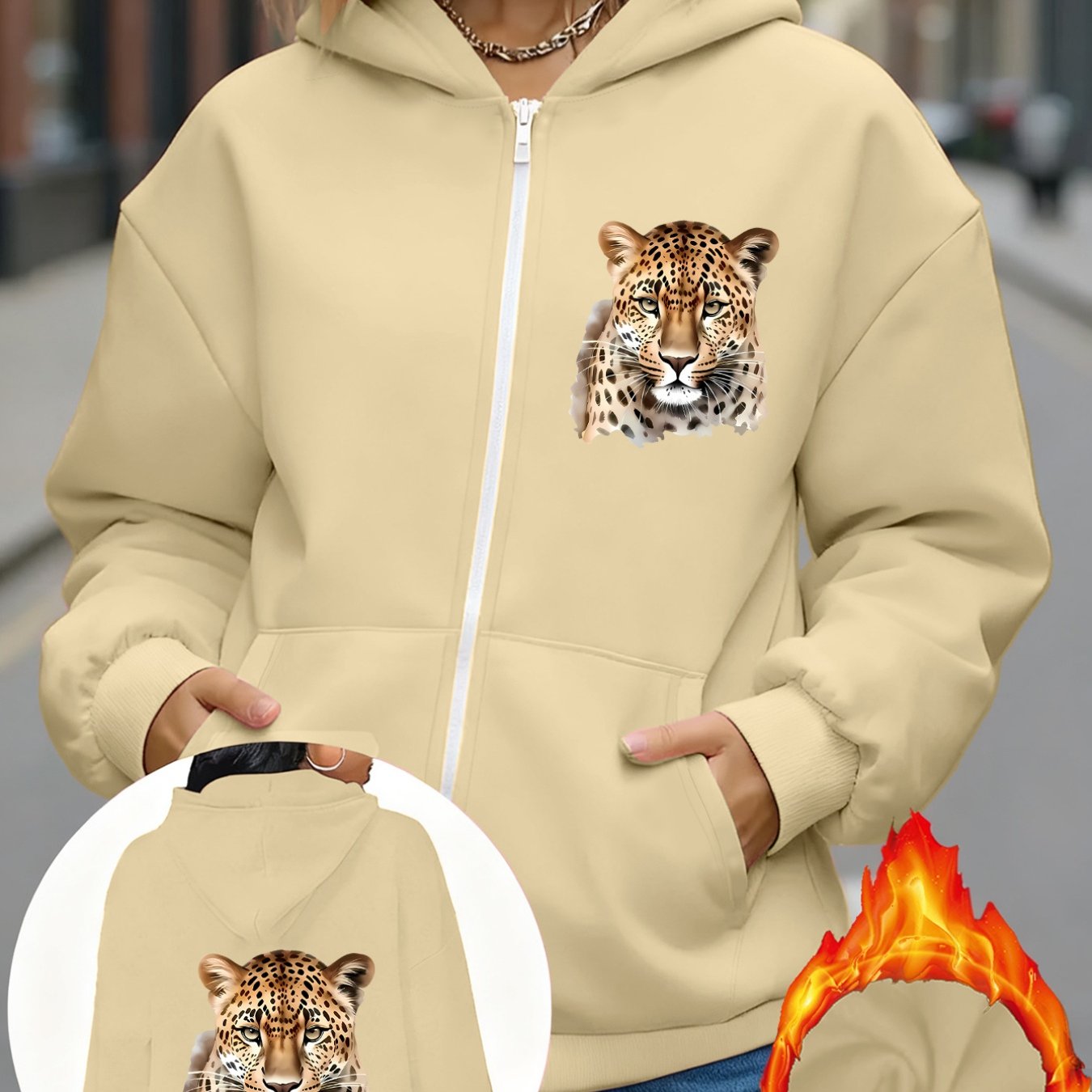 TEMU 1pc Leopard Print Hooded Zipper Sweatshirt Loose Fit Design Leopard Print Pattern On Front And Back Warm And Comfortable Suitable For Daily
