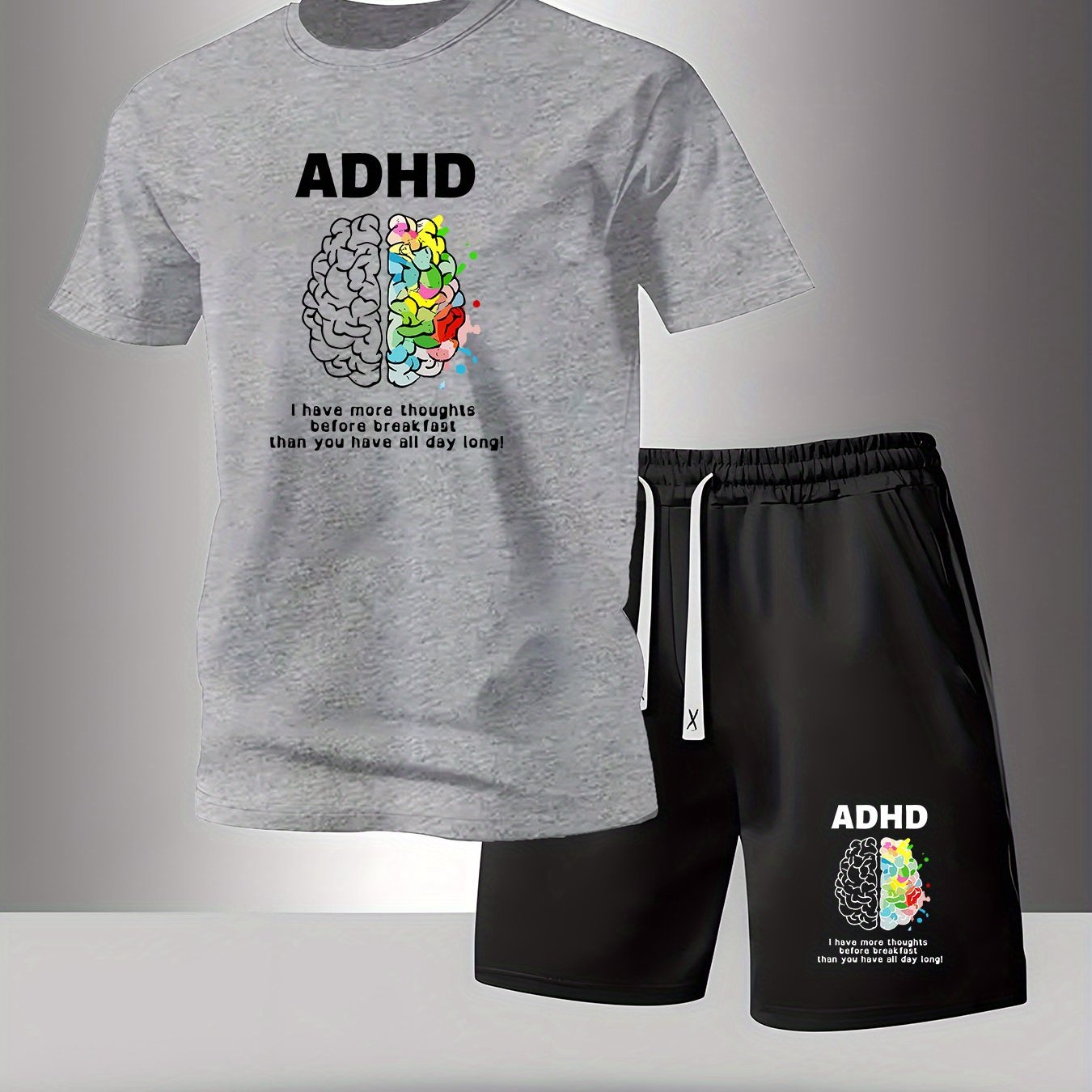 TEMU Men's Stylish Casual Two-piece Set Featuring A Colorful Brain Print For , Including A Round-neck Short-sleeve T-shirt And Drawstring Shorts,