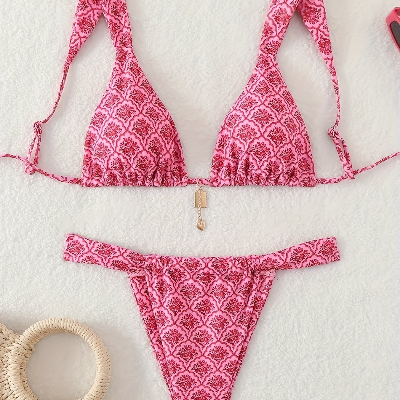 TEMU 2pcs Floral Print Women's Bikini Set, Polyester & Elastane Knit Fabric, Sleeveless Top With Lace-up Details & Matching Shorts Bottom, Stretch, With Pattern For Swimming