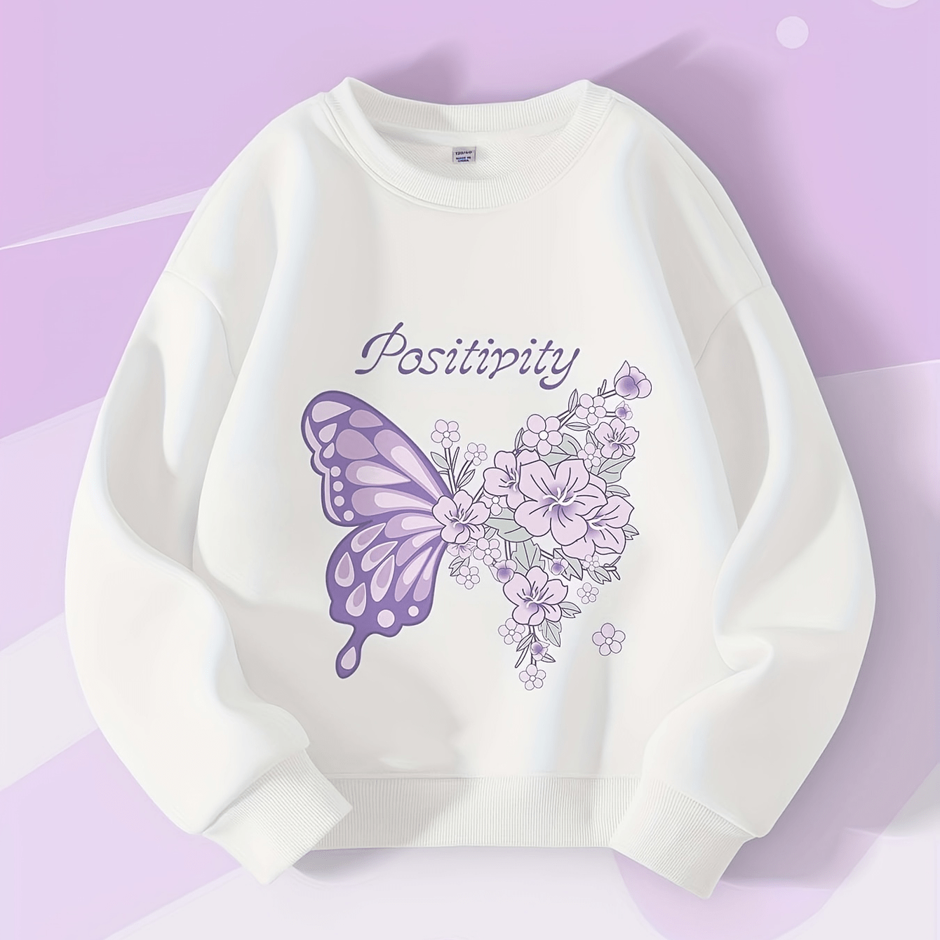 Image of Girls' Purple Floral Trendy Print Round Neck Sweatshirt, Casual Pure Terry Fleece Thickened Spring Autumn Daily Wear Gift