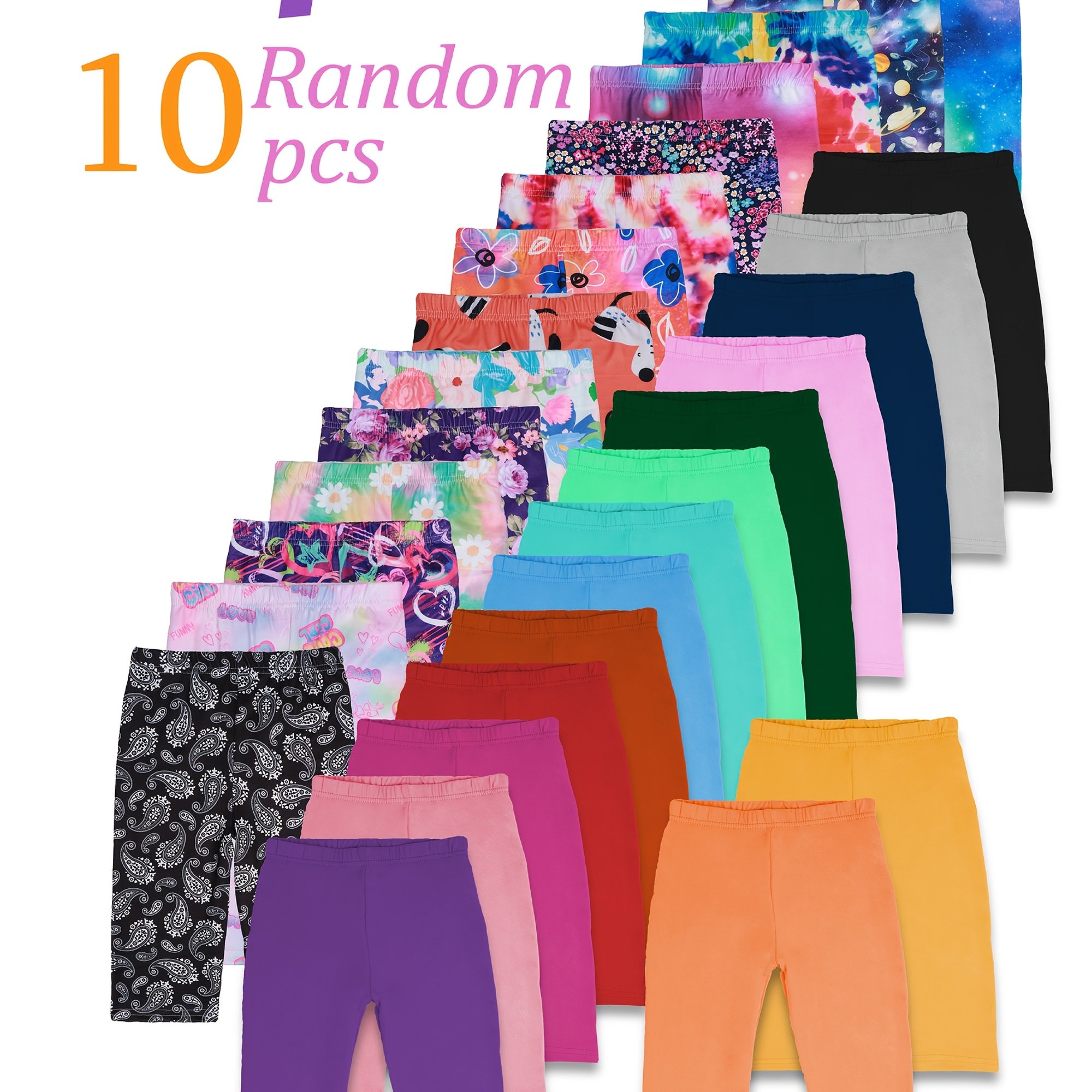 Image of 10pcs Random Waist Capri Pants Set For Girls, And Stretchy Casual Versatile Printed And Solid Color Flat-waist Leggings