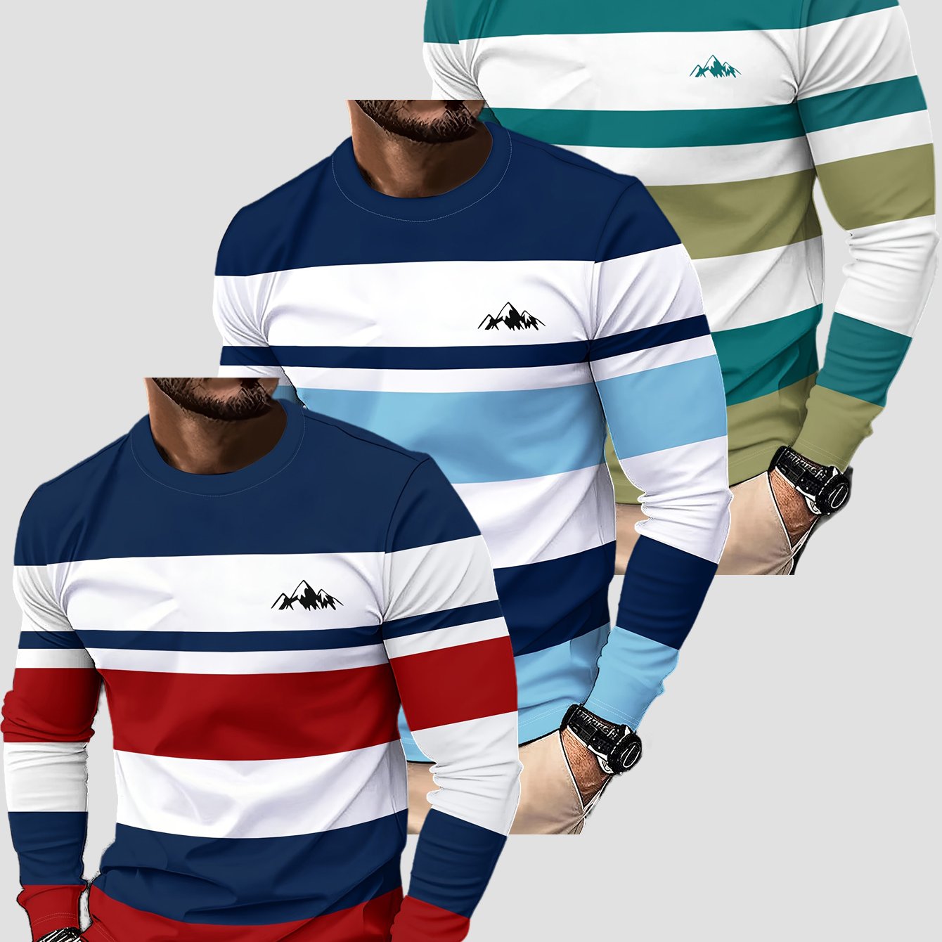 TEMU Conjunto de 3 camisetas de moda para hombre - Casual, larga, cuello , transpirable y cómoda, diseño de rayas, tejido de punto, corte regular -
