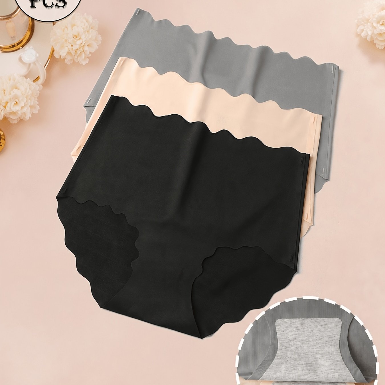TEMU 3pcs Women' Scallop Trim Briefs - Soft, High Waist, Stretchy, Comfortable And Breathable Solid Color Lingerie, And Summer Style Panties
