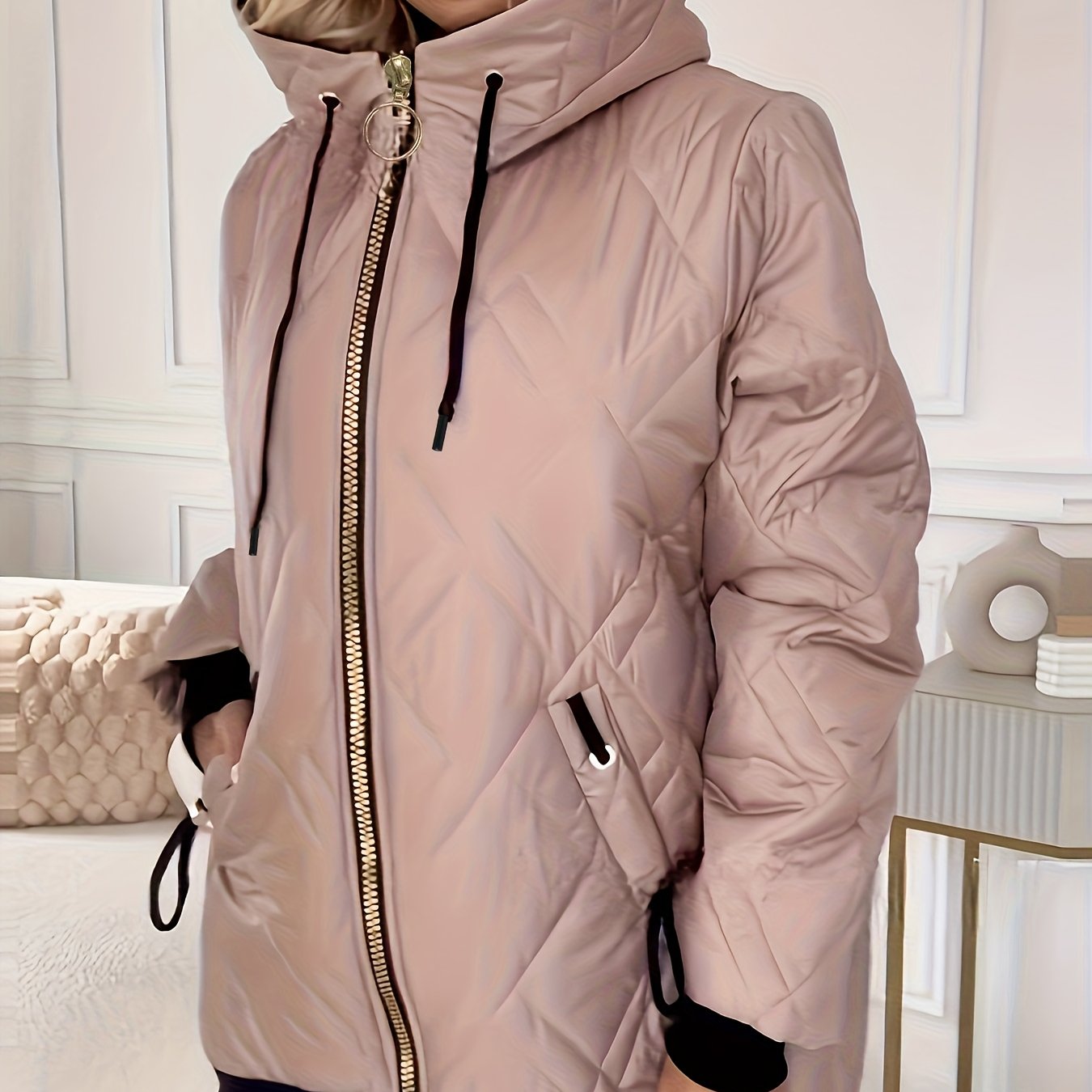 Women' Color Loose Quilted Regular Padded Coat, Suitable For Autumn And Winter, With Drawstring Design