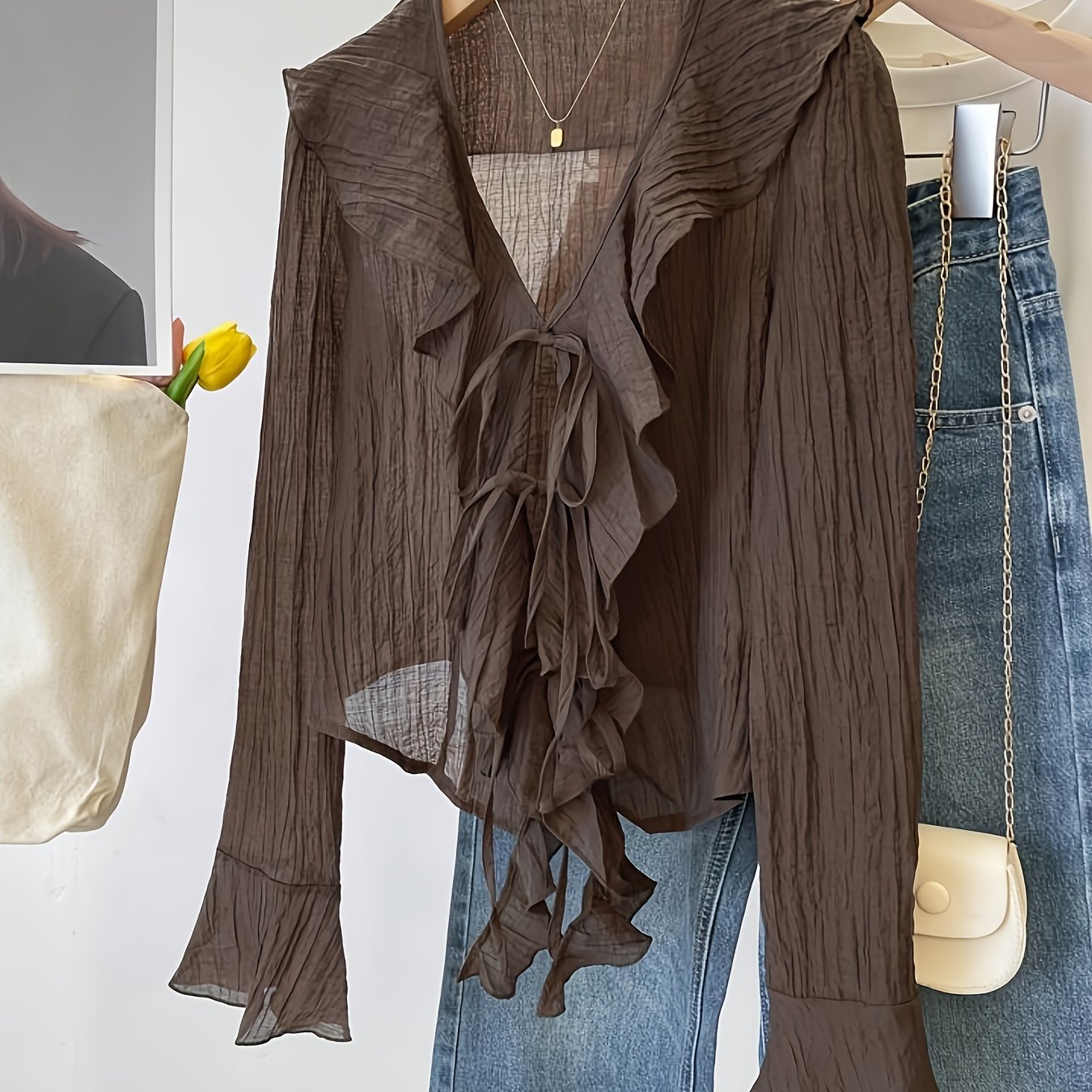 E-shop Elegantes Damen-Oberteil für Frühling/Sommer, neu, einfarbig, , V-Ausschnitt, langärmlig, modisches Pullover-Shirt