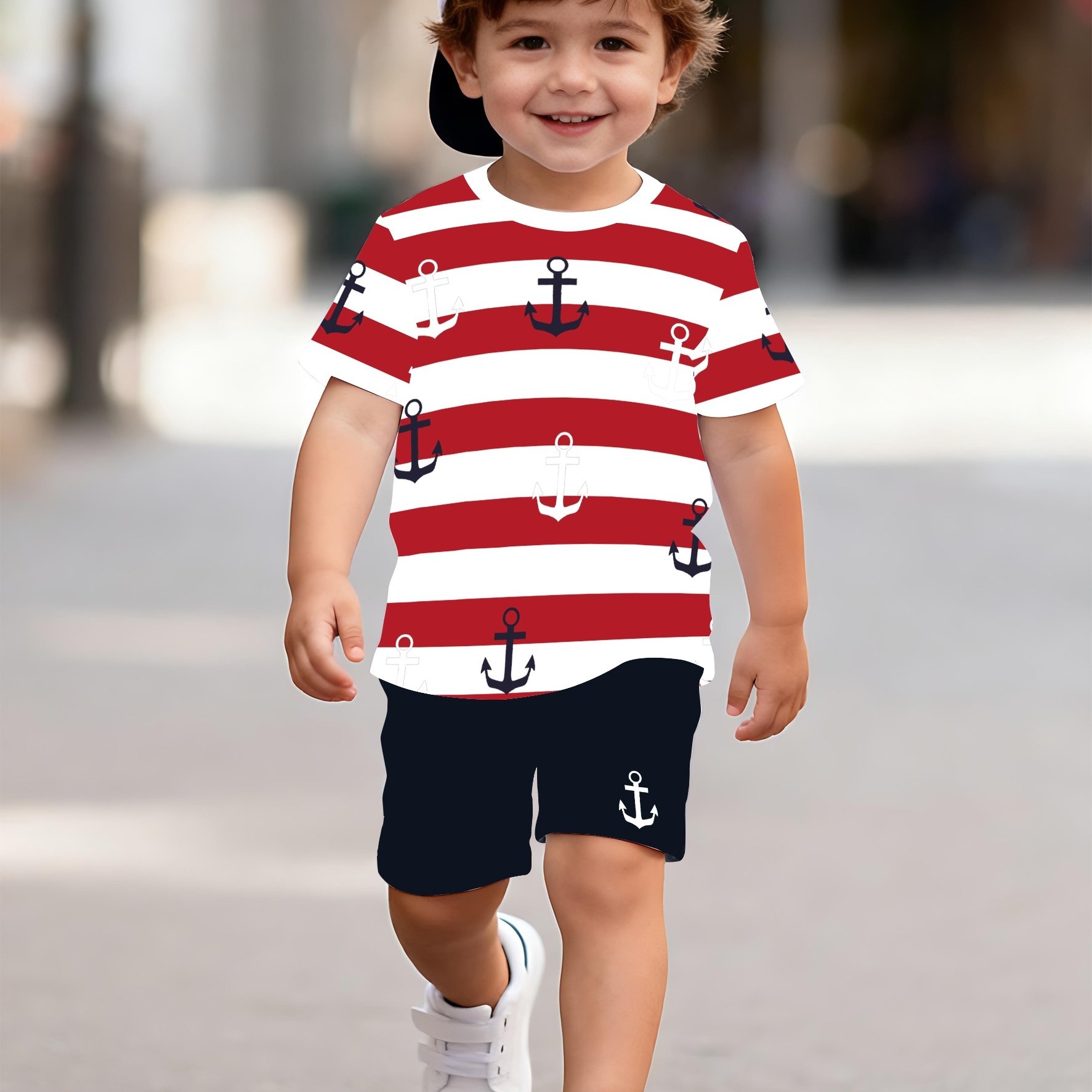 E-shop 2-teiliges Kleinkind Jungen Shorts und T-Shirt Set - Lässiger, bequemer Stil, Cartoon Muster Ankerdruck Rundhals Kurzarm und Shorts Sommer