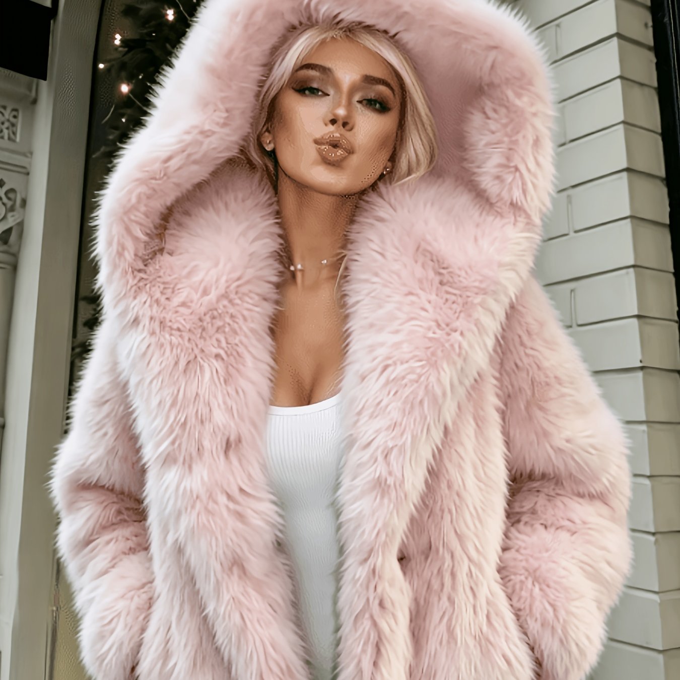 TEMU New Autumn/winter Women's Stylish And Fashionable Sweet Solid Color Short Hooded Jacket, -trimmed, Thickened, Loose-fit, Warm,, Short Top