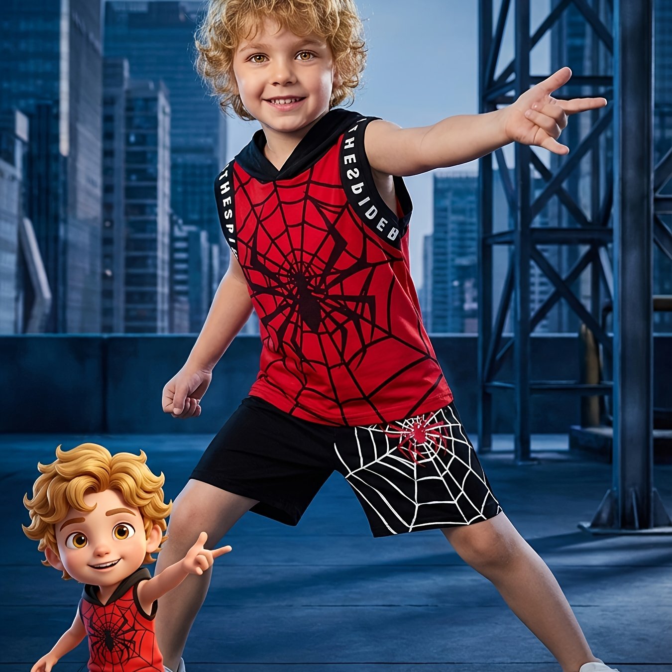Image of Dresses Boys' Inspired Summer Outfit - Hooded Tank Top And Shorts Set, 100% Polyester, With "the Inside" Print, Perfect For Playtime, Dresses, Perfect For Outdoor