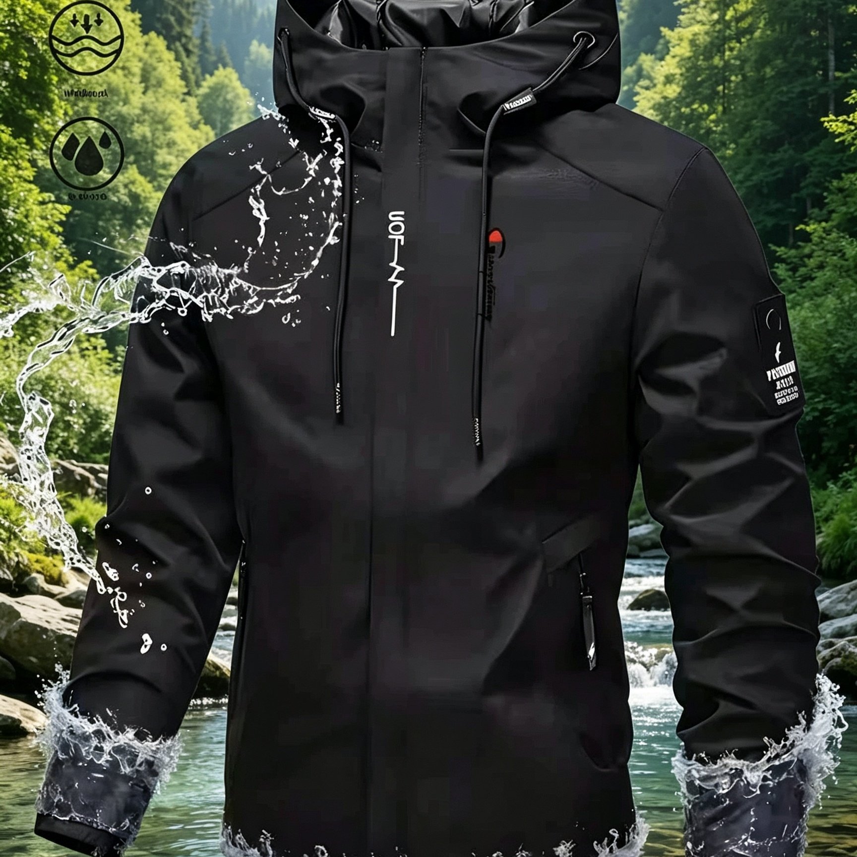 TEMU Men's Gift: Men's Casual Black Hooded Windproof Jacket, Lightweight Motorcycle Riding Suit With Zipper Closure, Brand Logo Print, High- Fabric,