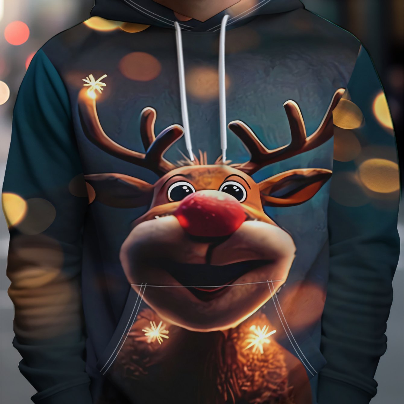 TEMU Men's Individual Style Hoodie With Red- Reindeer Smiling In Sparkling Christmas Lights - Full Of Street Trendy Style, Rich And Artistic Pattern