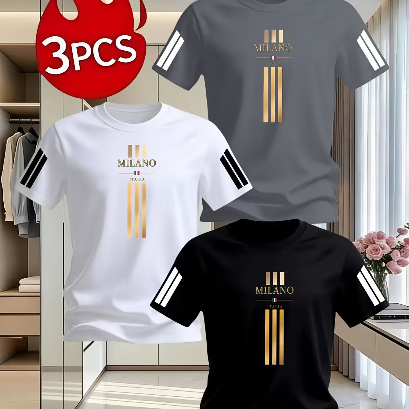 TEMU 3pcs Men's T-shirts, Italy, Striped Design Pattern, Fashionable Design, Printed T-shirts, Casual, Suitable Leisure And Fitness, Comfortable And
