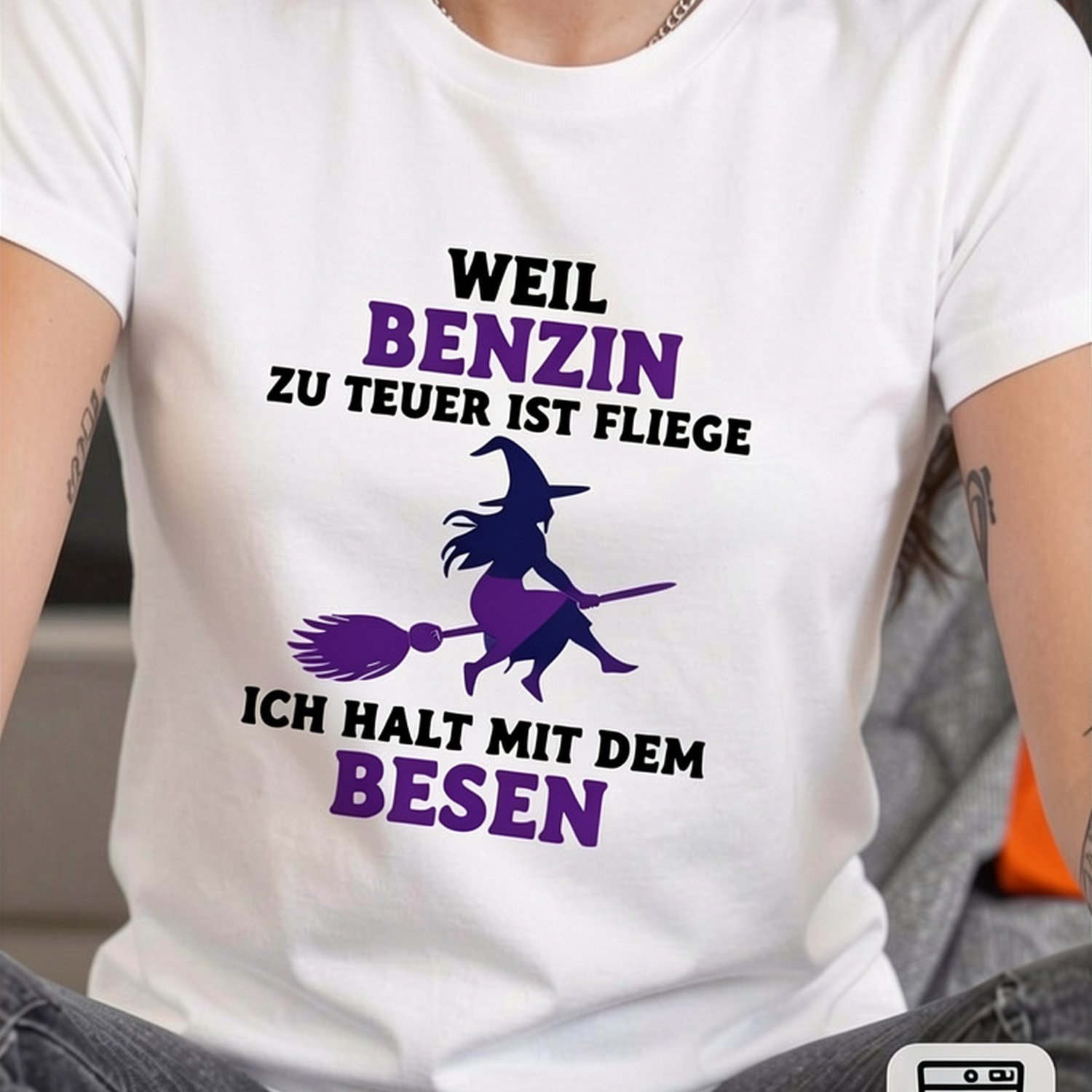 Image of Women's Funny German Slogan & Witch Broomstick Print T-shirt - Gasoline Is Too Expensive, With Broomstick - Round Neck Casual Top Suitable For Halloween Costumes & Casual Attire