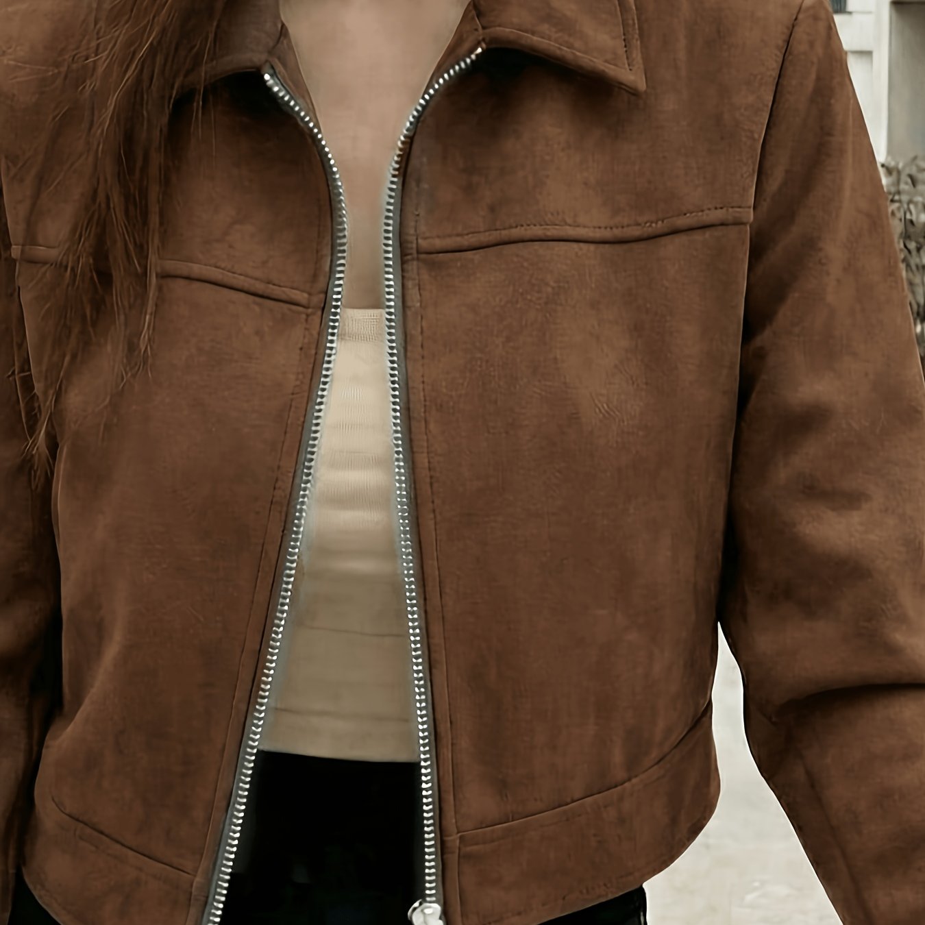 TEMU Women's Spring Autumn Top, Lapel Solid Color Jacket With Zipper, Casual Wear Style, Long Sleeve Jacket