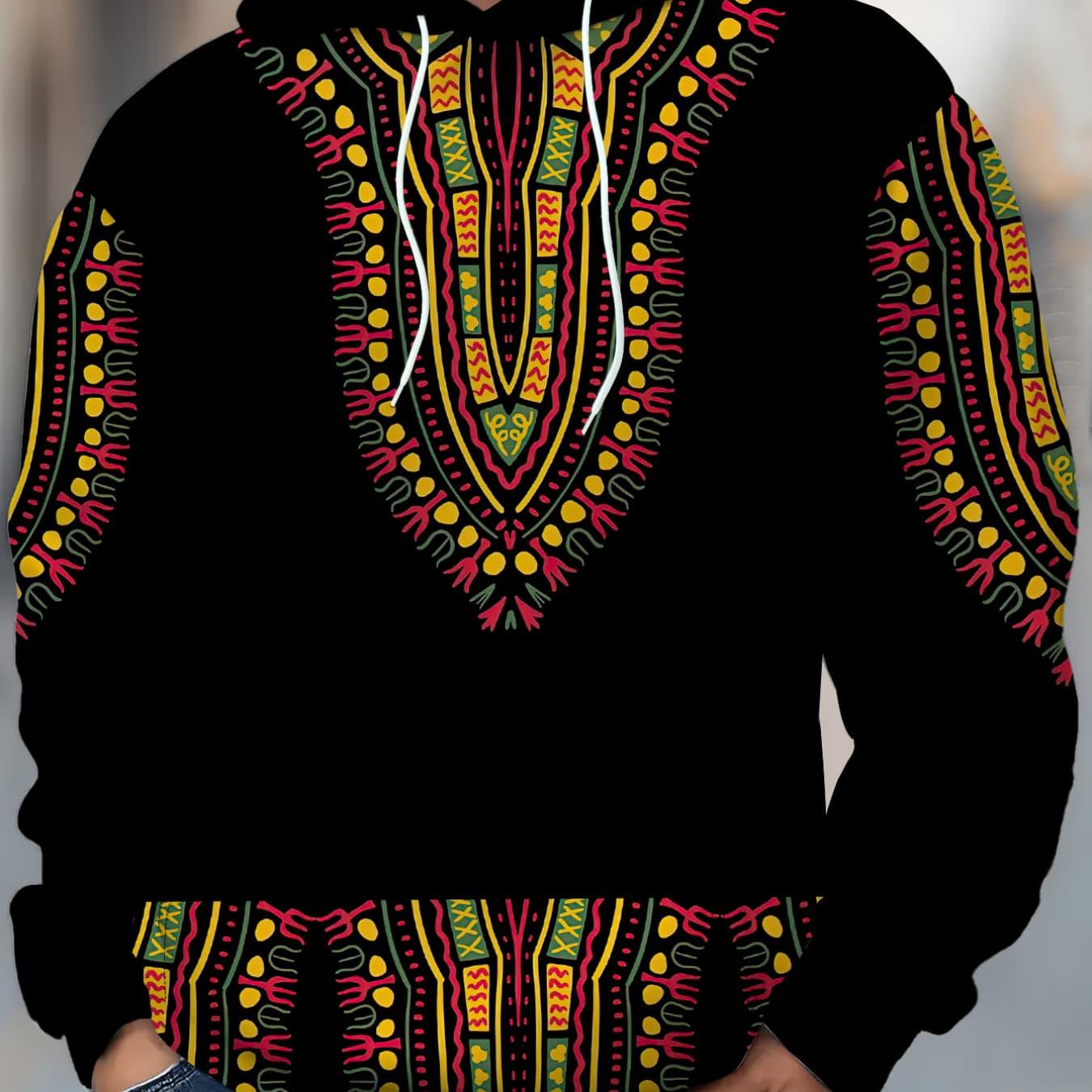 TEMU Men's Stylish Ethnic Hooded Sweatshirt With Unique Colorful Totem Prints, Casual Long-sleeve Pullover, Trendy And Versatile Streetwear Top