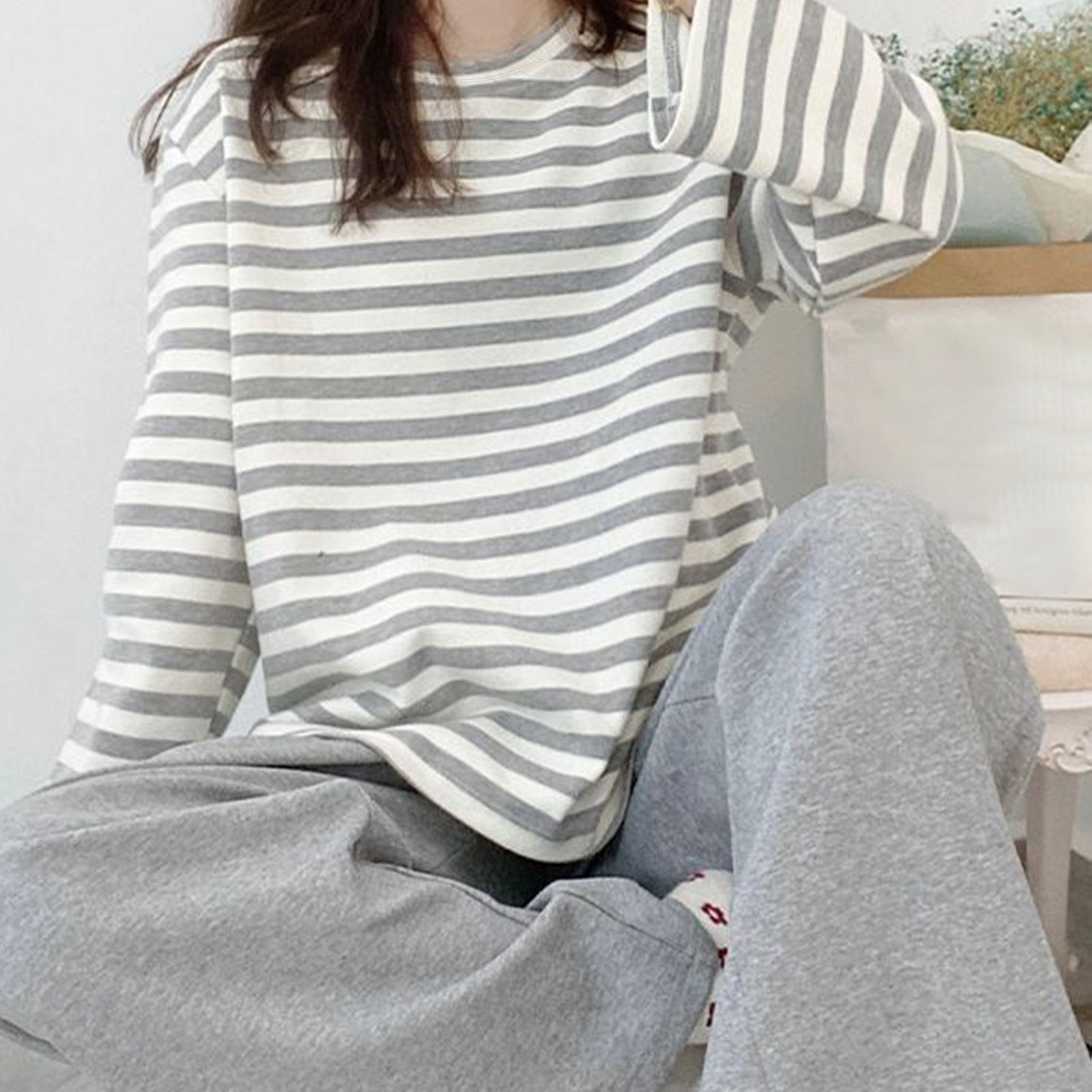 TEMU Ensemble 2 pièces pour pyjama automne hiver, haut et pantalon rayés imprimés à manches longues et col rond, vêtement d'intérieur décontracté,