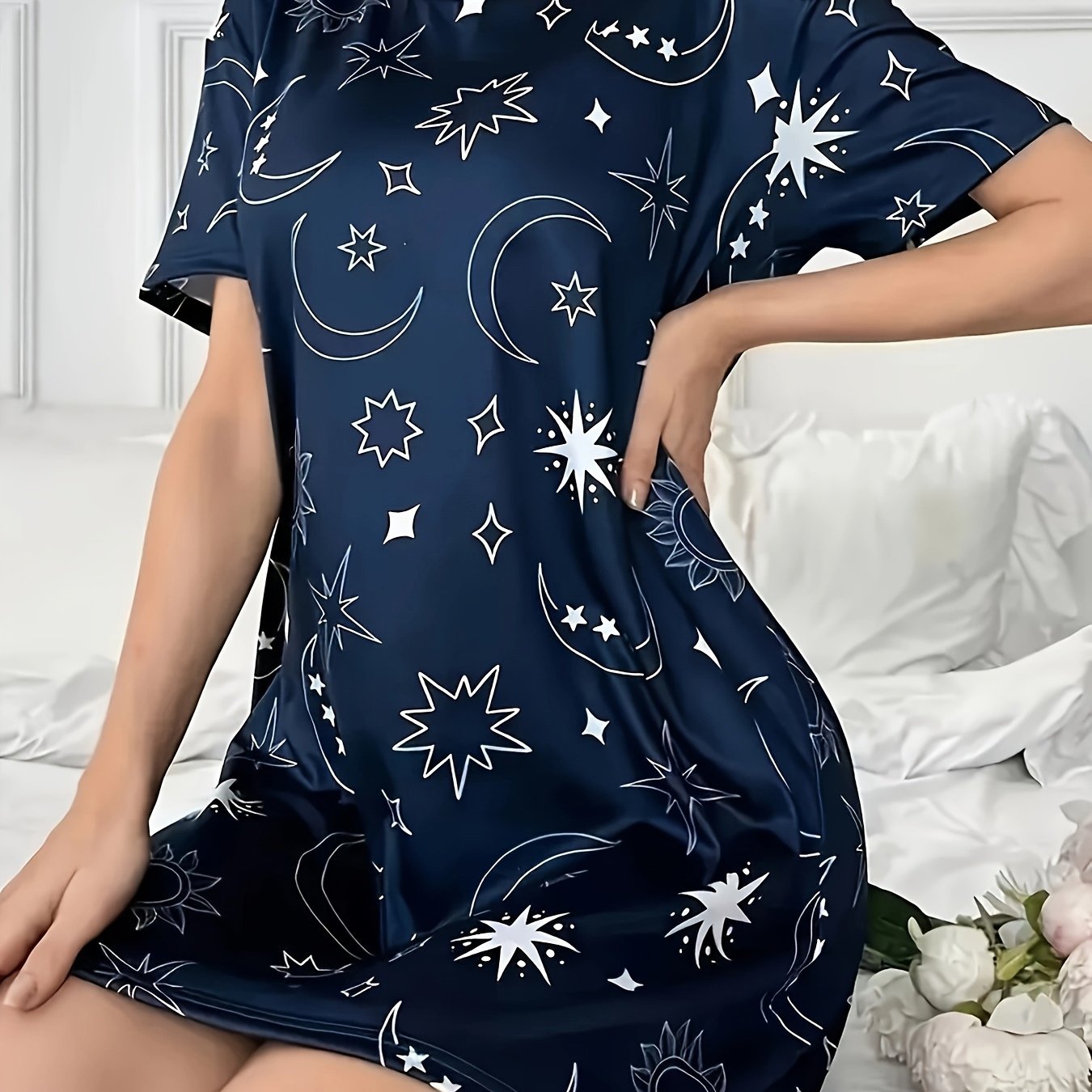TEMU 女性用のショートスリーブ睡眠ドレス、星空と月のデザイン - 軽量ポリエステル、、カジュアルなナイトドレス、全てのに適しています、スフィットの睡眠ウェア | スターペターンナイトドレス | スムーステクスチャーフェイバー