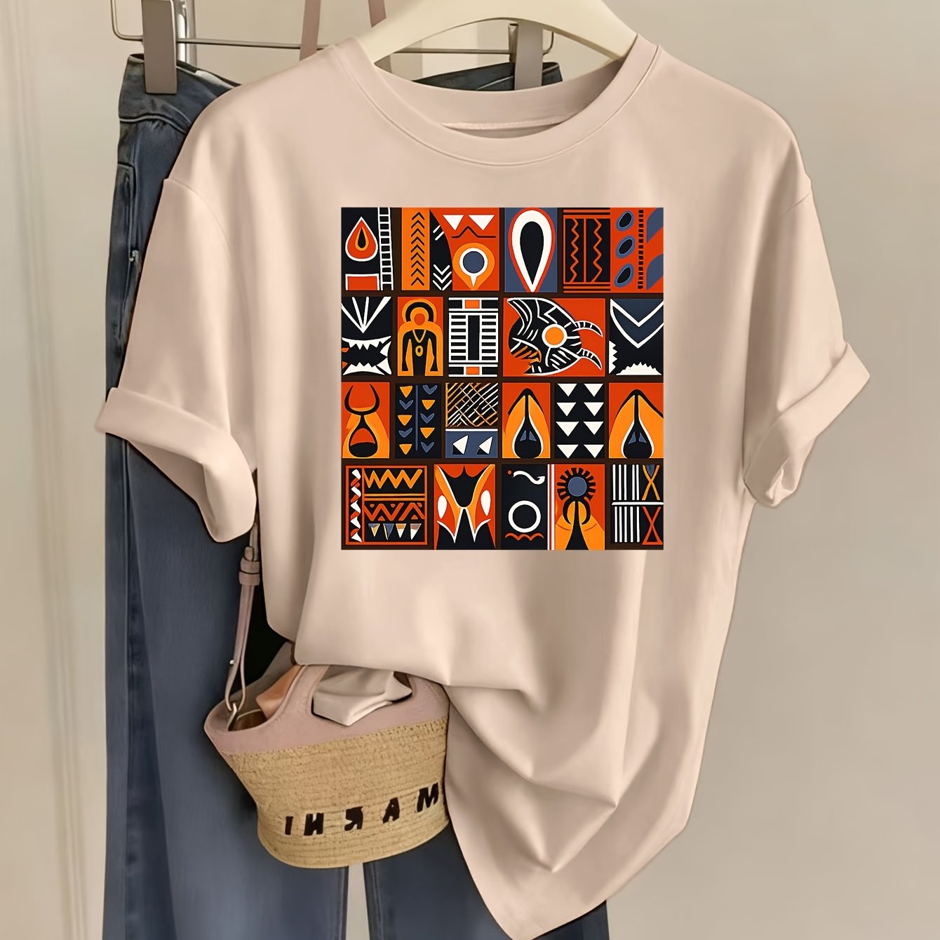 TEMU 1pc Women's Fashion African Tribal Style Geometric Totem Print Round Neck Short Sleeve T-shirt, Casual Comfortable For Daily Wear, Trendy Exotic