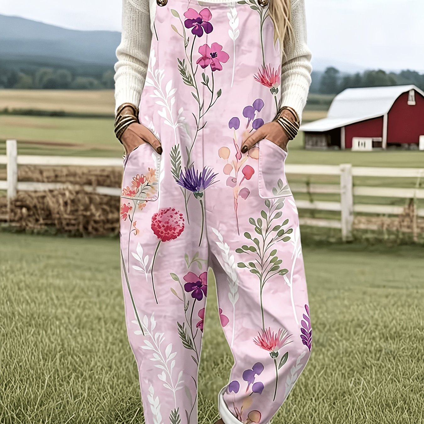 TEMU Spring Summer Floral Print Adjustable Overalls - D47
