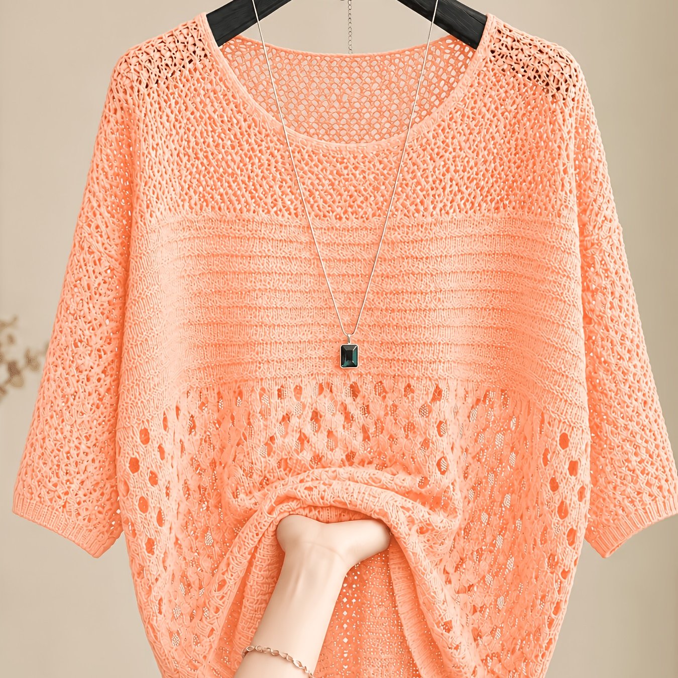 TEMU Women's Half Sleeve Open Pullover Top, Lightweight Breathable Crew Neck Hollow Out Top, Loose Fit Sheer Solid Color Knitwear For Spring Summer