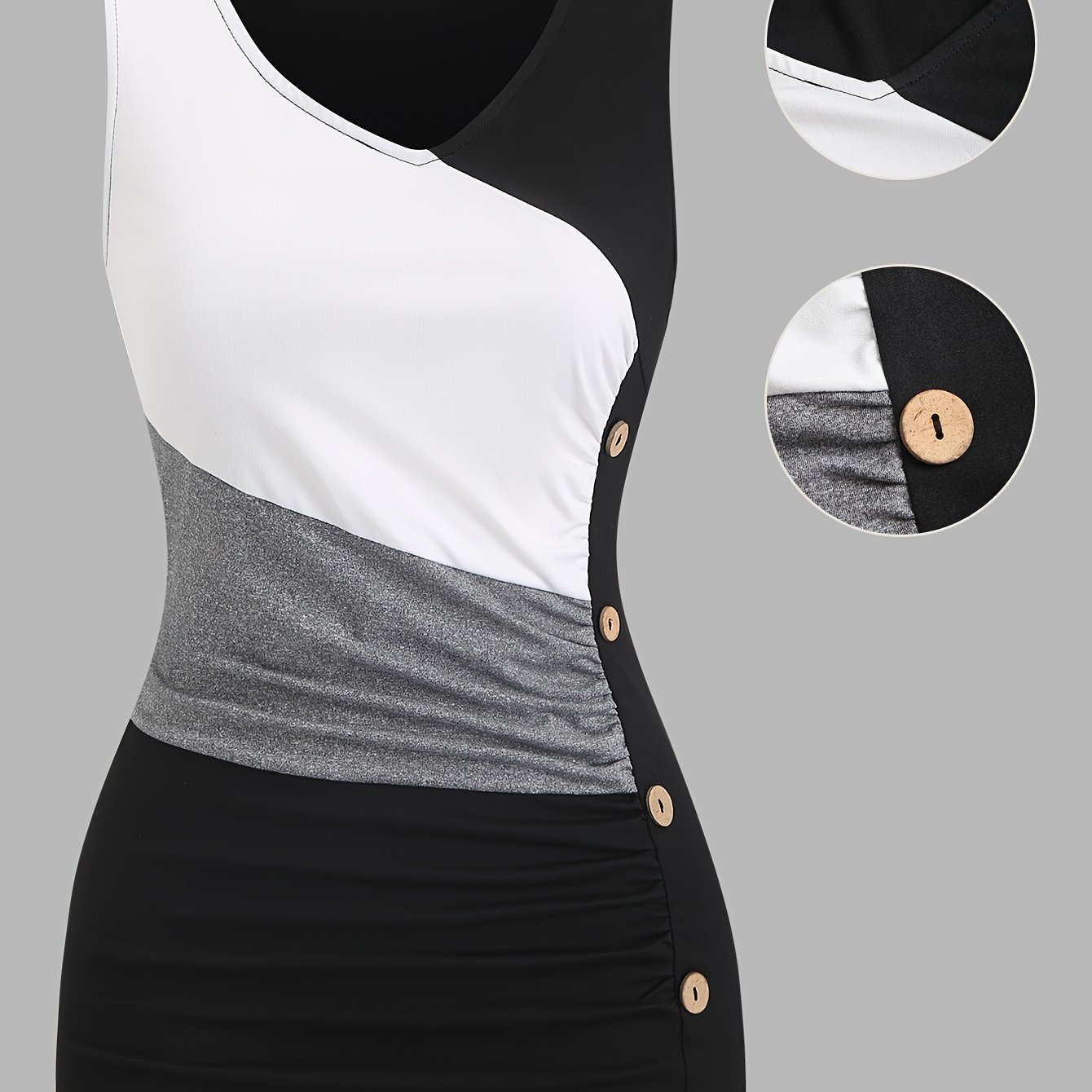 TEMU Women's Casual Color-blocking V-neck Sleeveless Top With Ruched Button Details, Slim-fit Basic Summer Fashion Vest