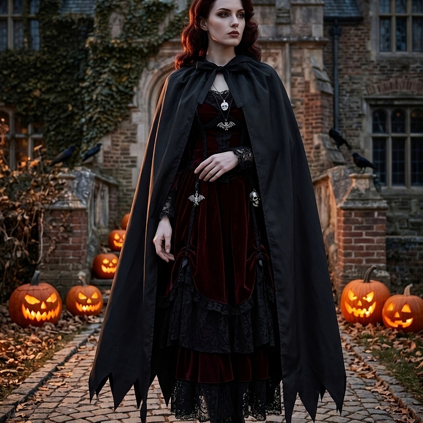 TEMU Halloween Black Cape, Gothic Vampire Vintage Costume Cloak, Black Long Cape With Serrated Hem, Role-playing Cosplay Party Outfit, Vintage