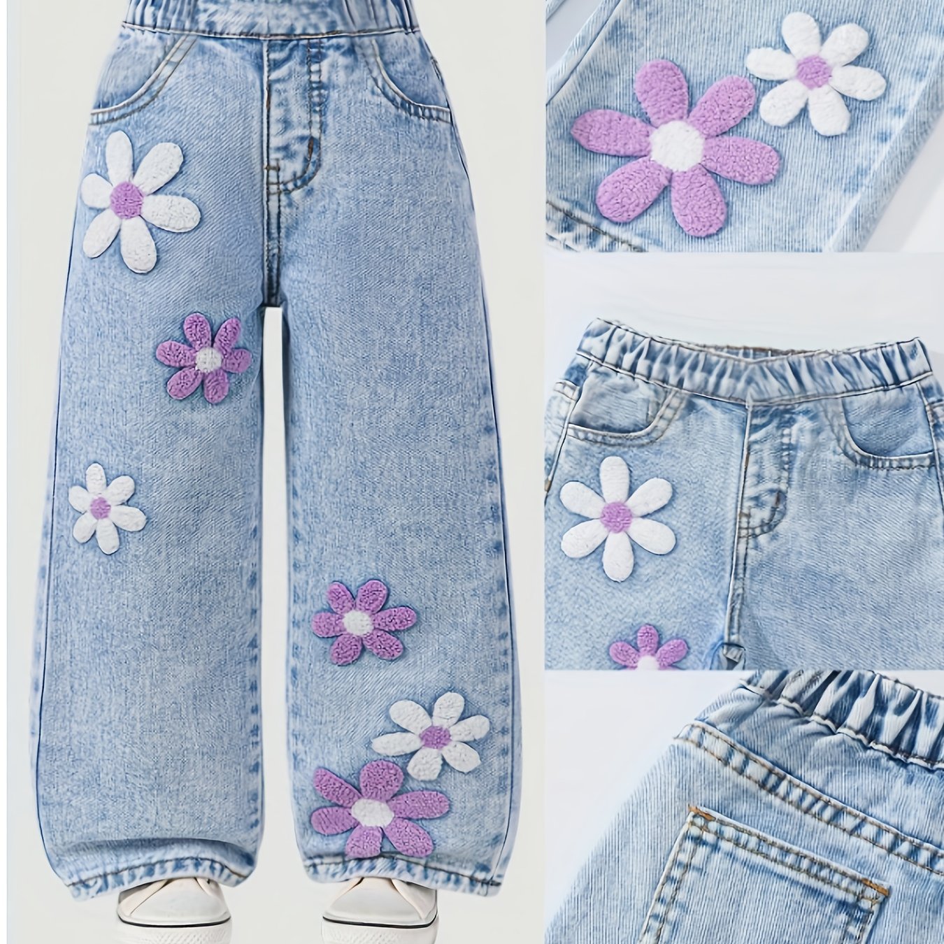 Image of Girls' Jeans. Fashionable Three-dimensional Towel Embroidery Jeans, Sweet Vintage-style Cool Elastic Waist Jeans. Children's Pants For Girls' Daily Wear, Suitable For And Occasions. Holiday Apparel