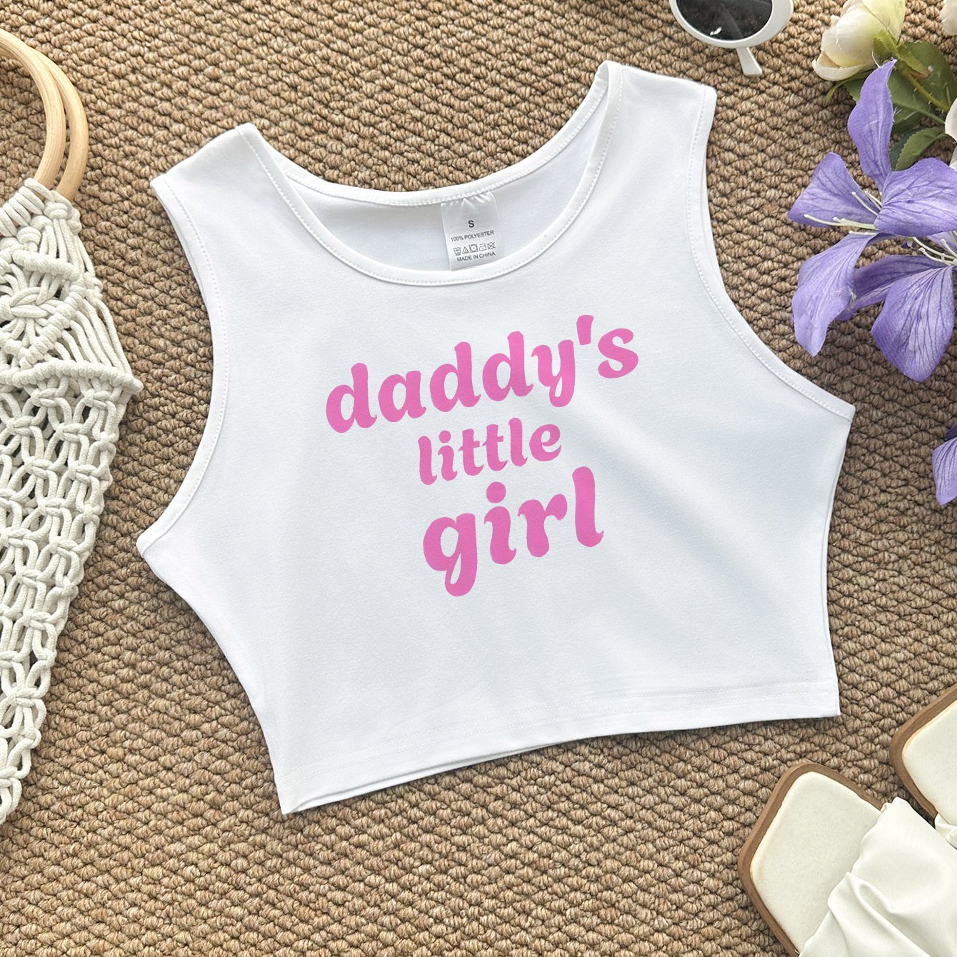 TEMU Daddy's Little Print Crop Tank Top, Sleeveless Casual Top For Summer And Spring, Women's Clothing