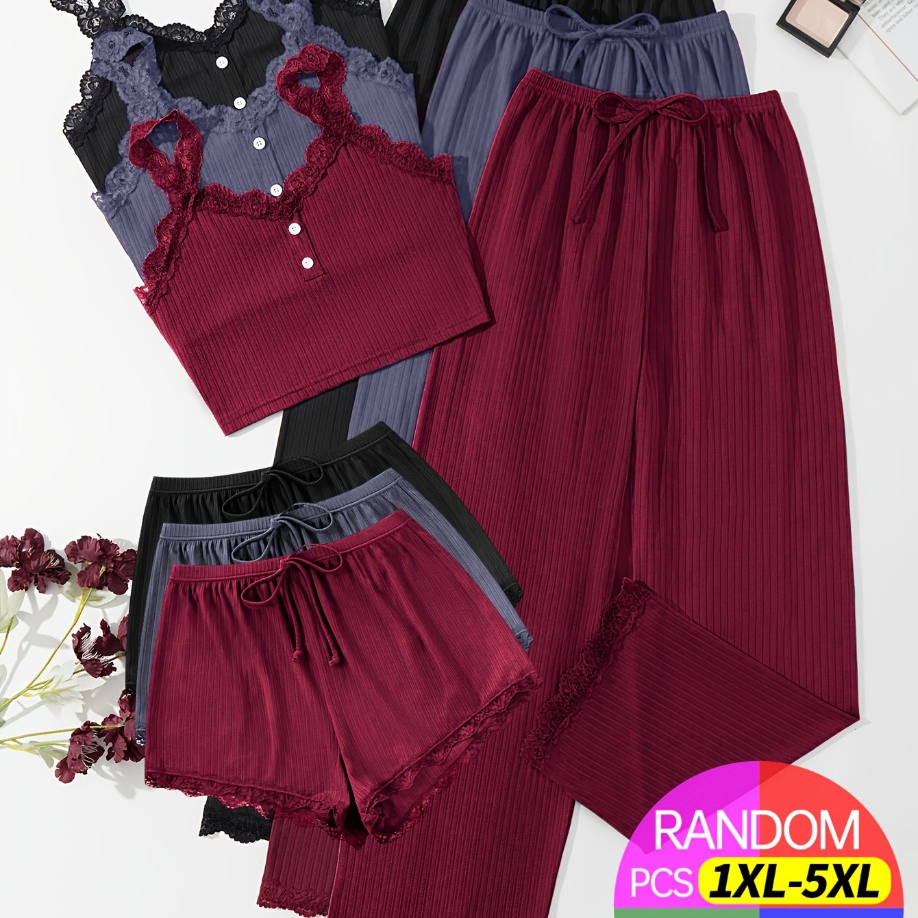 TEMU Random Delivery, 3pcs Plus Size Ladies Sexy Lace Suspender Suit (including Trousers, Shorts And Vest), Black-burgundy-grayish Blue, Sent .