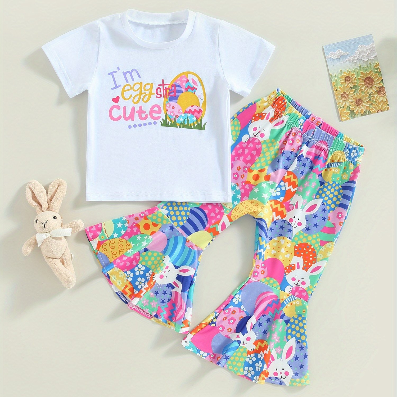 TEMU 1-5 Years Girl Easter Outfit Short Sleeve Bunny T-shirt Tops Egg Flared Pants Summer Cute Clothes Set Fashion, Casual, Comfortable, Perfect For Outdoor