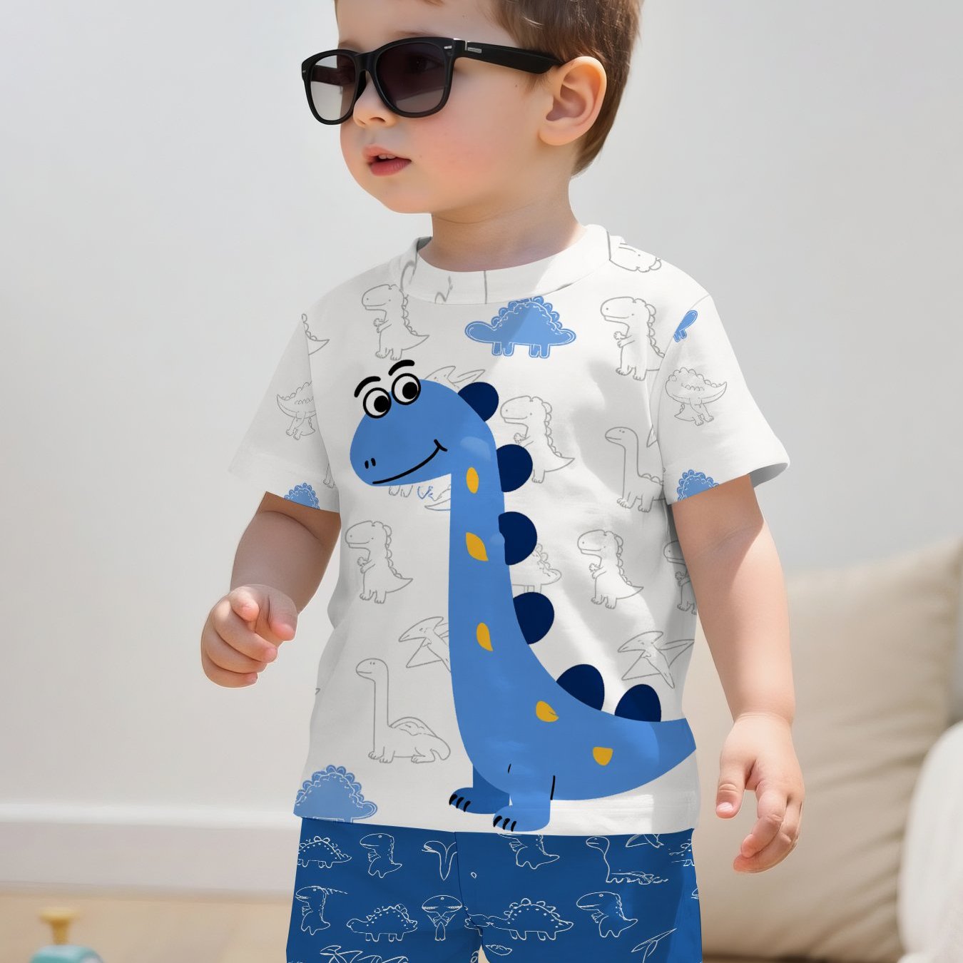 TEMU 大きな目のファッショナブルな男の子と可愛い首長竜柄のプリントデザイン、子供向けの服のギフト。快適な生地で夏に最適。カジュアルスポーツ用2点セット、アウトドアに最適