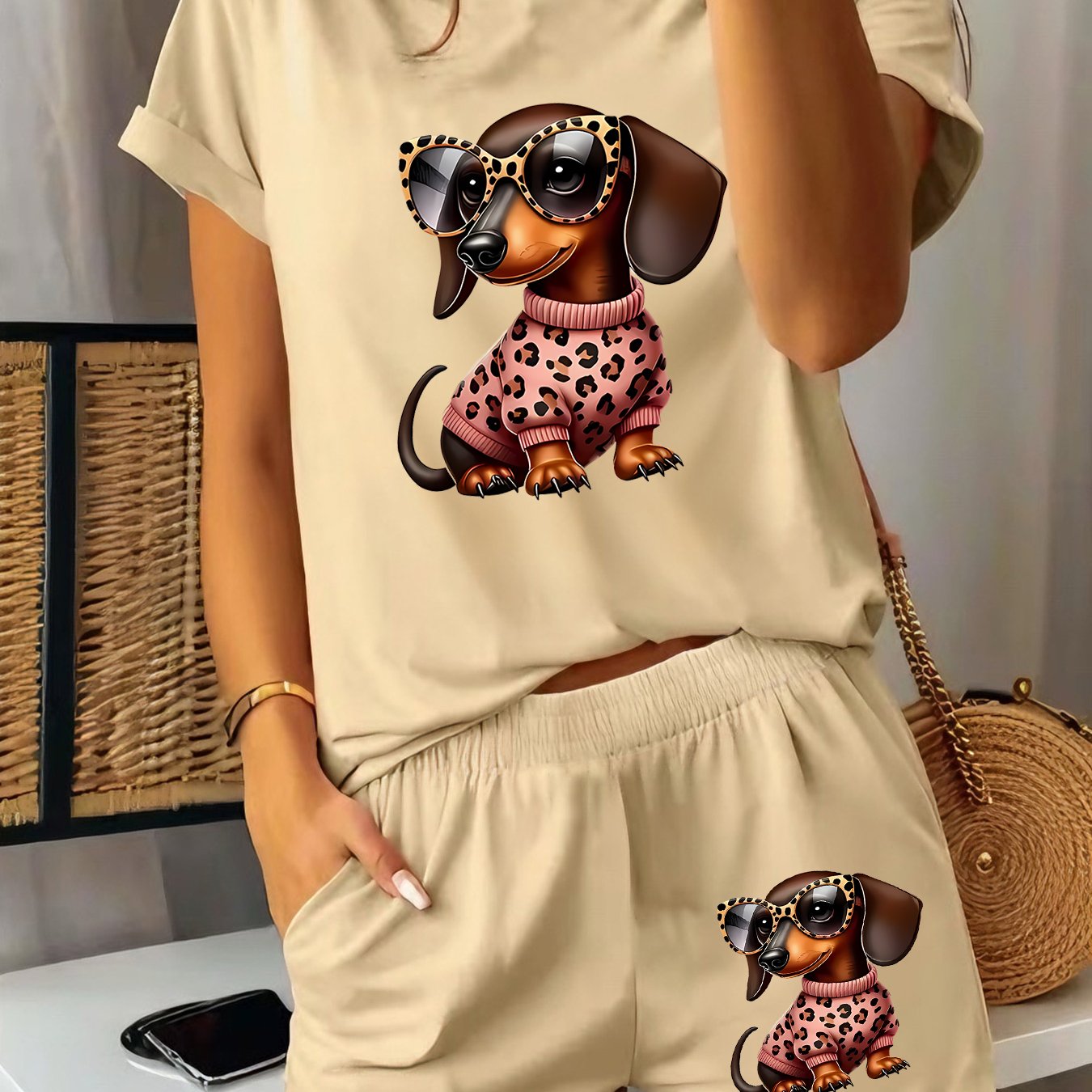 TEMU 2026 Year Of The Horse 2pcs Women's Spring Short Sleeve Set - Cartoon Dachshund Print Short Sleeve And Shorts Set, Comfortable Soft Breathable