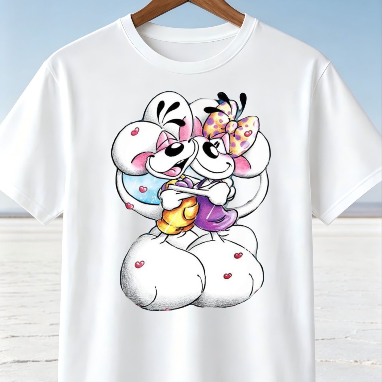 Cute D Cartoon Mouse Couple Graphic T-shirt 2 Happy Mice Hugging With Soft Colorful Sketch Style For Romantic Unisex All T-shirt