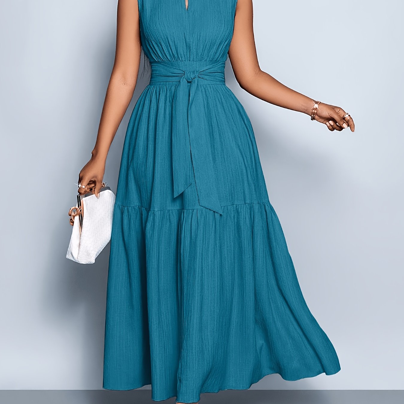 TEMU Elegant And Fashionable Women' Color Collar Sleeveless Waist-cinching Tie-knot Dress With Front Cutout, Suitable For Casual, Fashionable, And