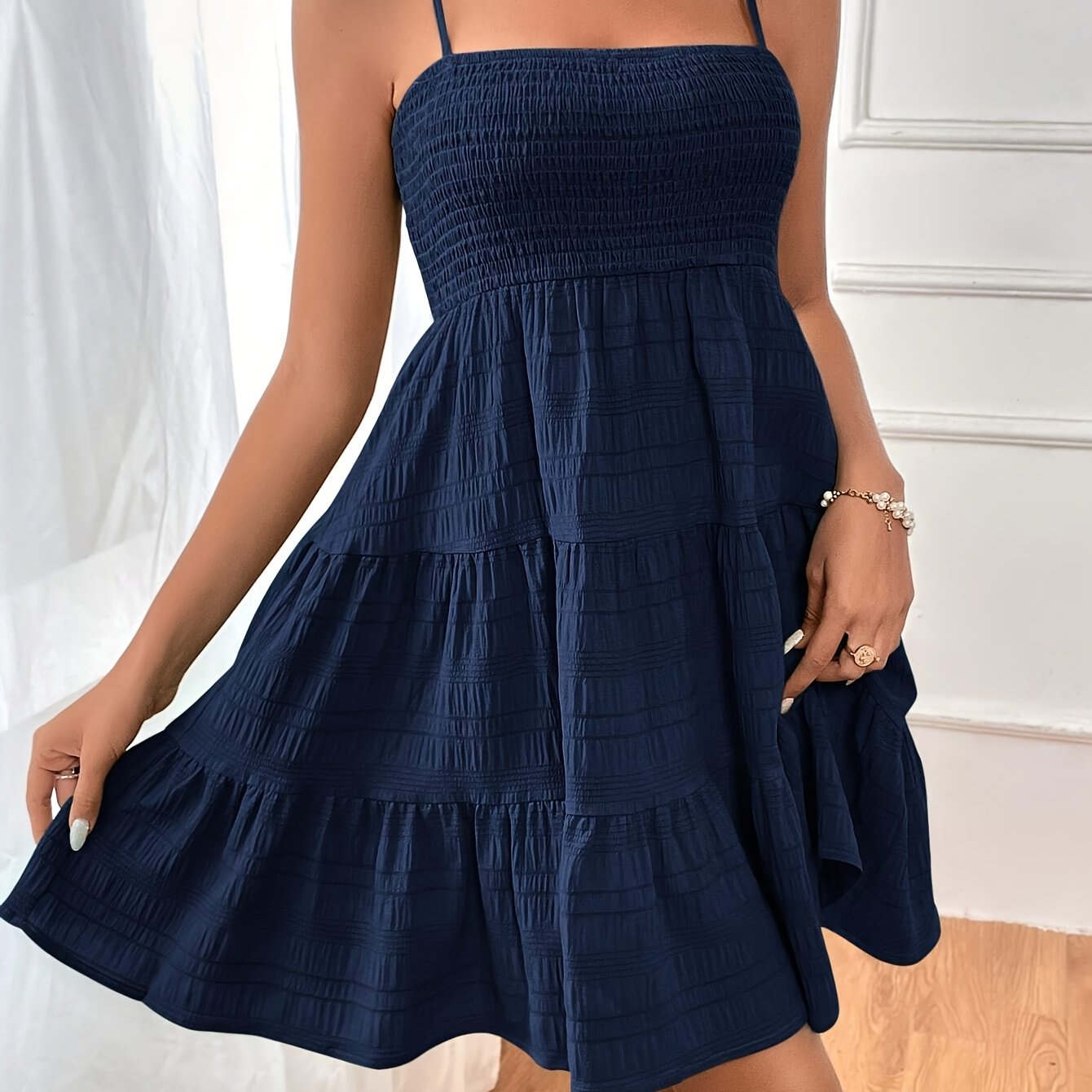 Image of Women's Elegant Fitted Spaghetti Suspender Dress With Hem - Solid Color, Machine Washable, Versatile Wear For Casual & Formal Occasions, Nontransparent Fabric