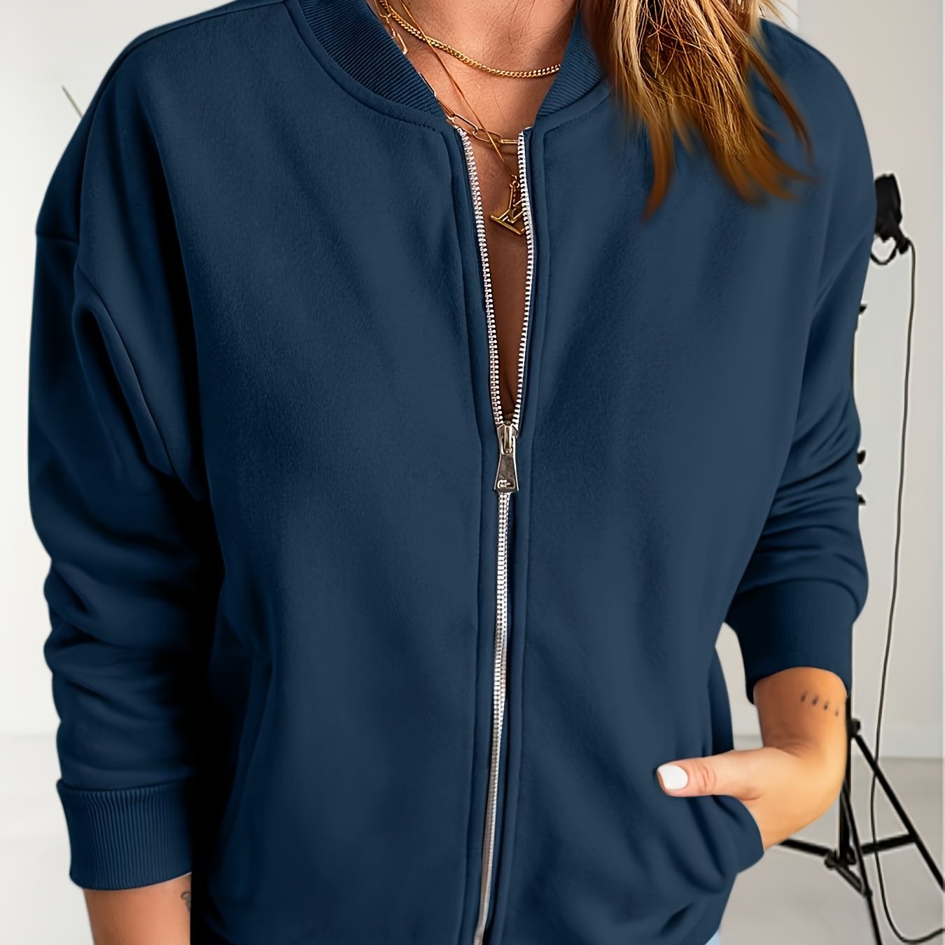 Image of Women's Zip Sweatshirt, Oversized Jacket, Sweatshirt, Plain, Loose, Long Sleeve Tops With