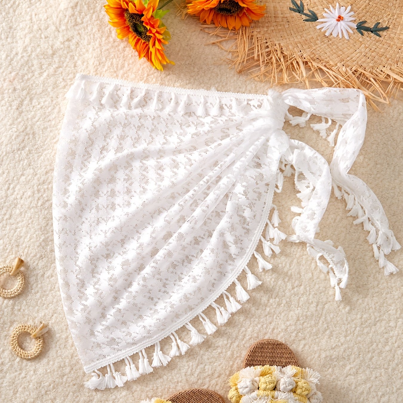E-shop Damens Elegantes Hahnentritt-Lace Strandwickelrock mit Quastendetails – Leichter, halbtransparentes Überwurfkleid für Sommerurlaub, Poolside &