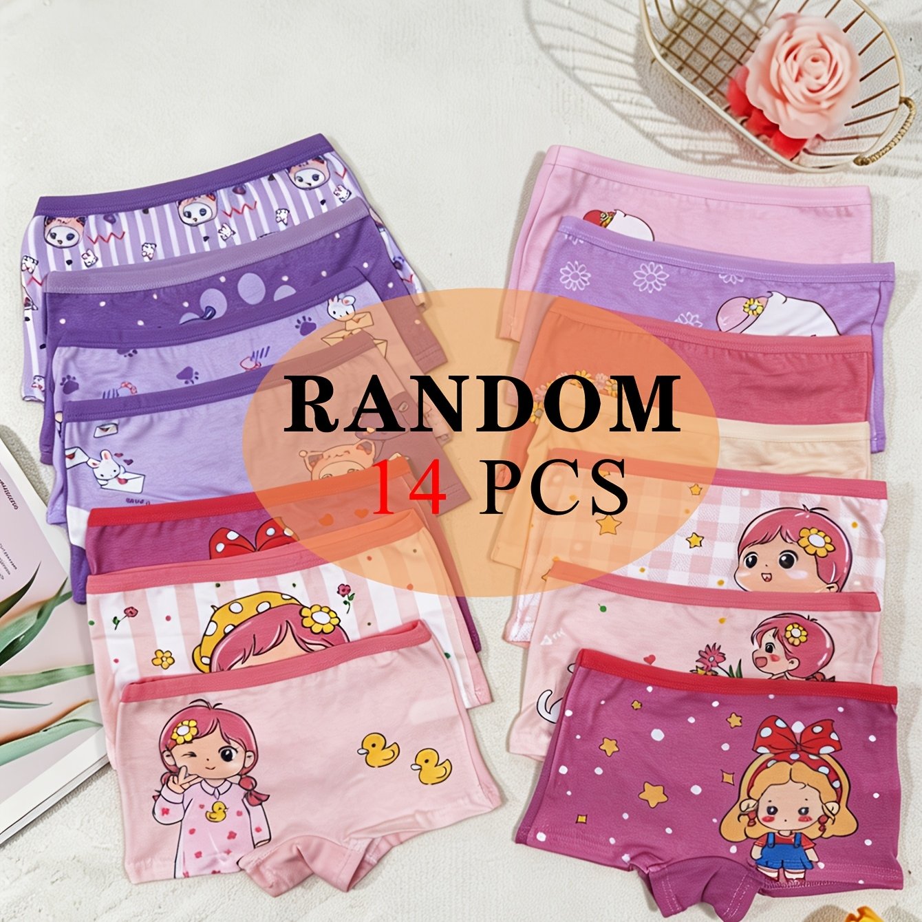 Random 14pcs/pc Girls' Boxer Briefs Cute Cartoon Print Comfortable Breathable Elastic Girls' Underwear