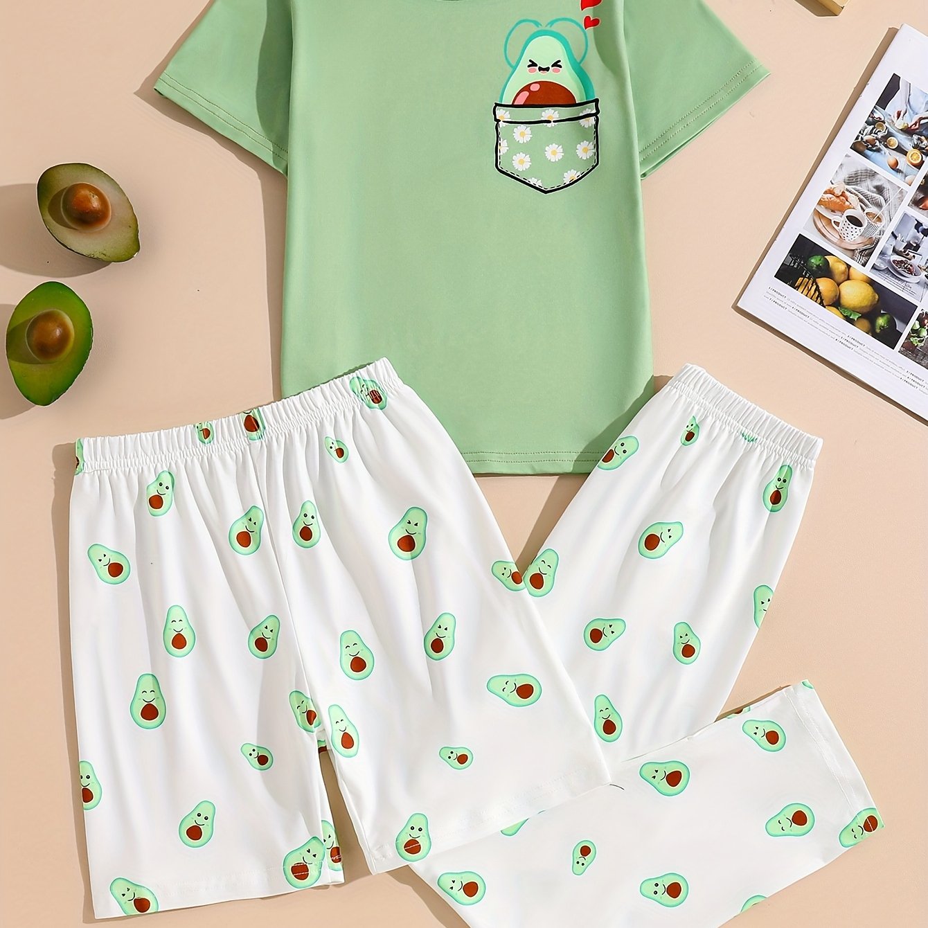 Image of 3pcs Girls' Print Short-sleeve And Long-pants Loungewear Set (flame-retardant Fabric)