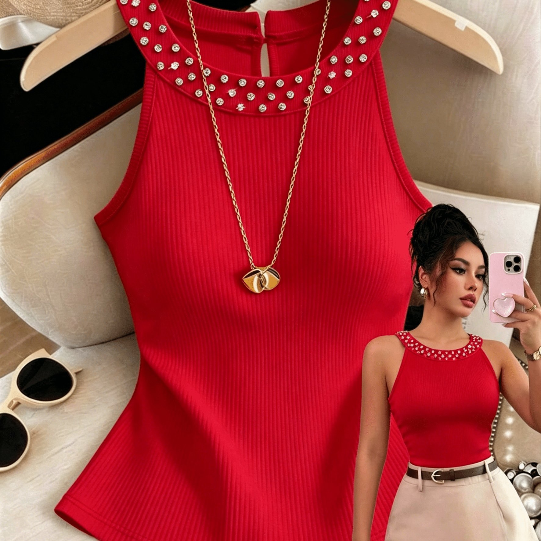 TEMU Women's Tank Top And Camisole, Sexy Fitted Round Neck With Beading