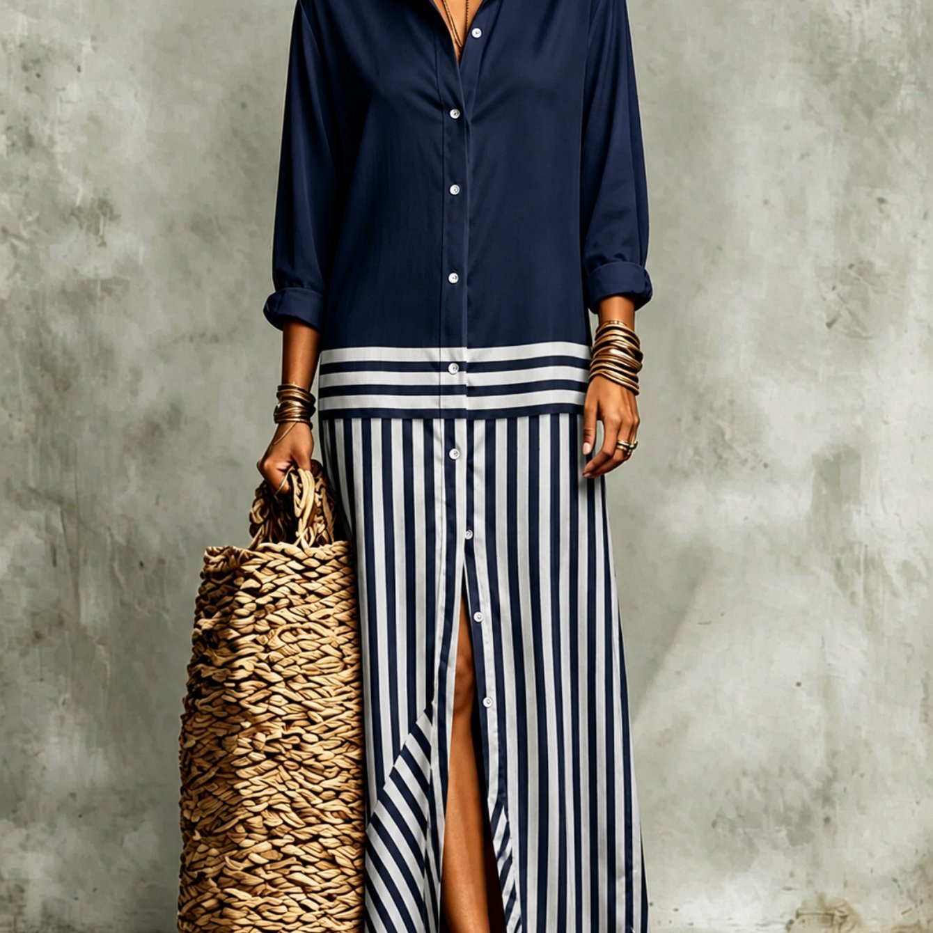 Image of Plus Size - 2026 Autumn New Long Sleeve Shirt Dress For Women, Vertical Stripe Print Split Hem Maxi Dress, Loose Casual Garment For Daily Wear, , Travel, And Weekend Leisure