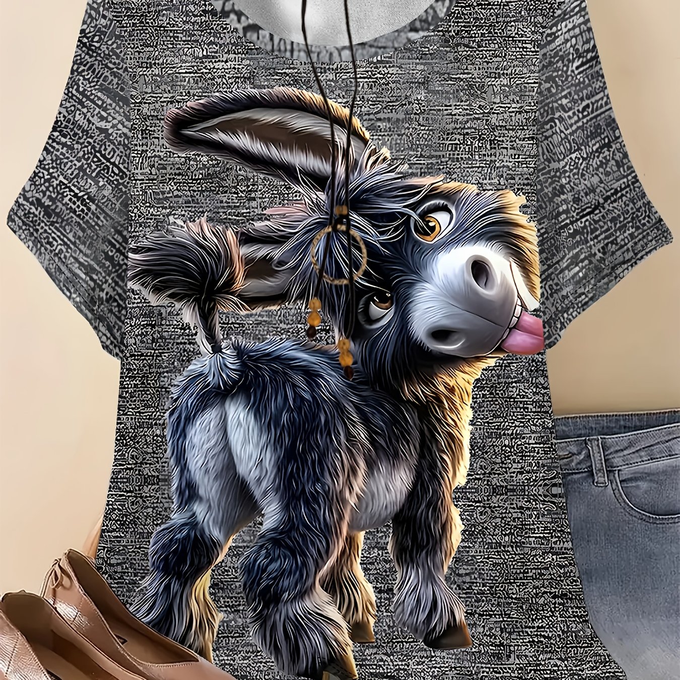E-shop Große Größen - Trendiges und modisches T-Shirt in großen Größen mit einem einzigartig kreativen Esel-Print. Dieses Damen-T-Shirt mit kurzen