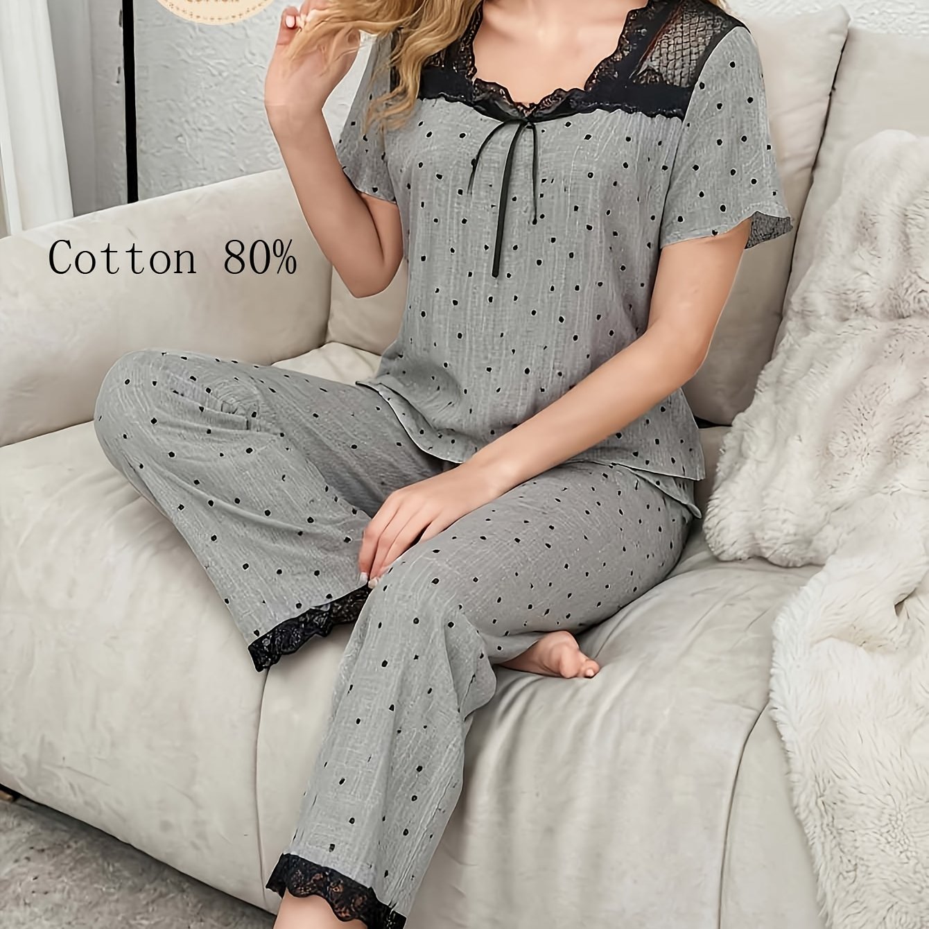 Image of Women's Pajama Set 2pcs Ear-trim Design Polka Dot Striped Lace With Chest Loose Comfortable Short Sleeve Long Pants