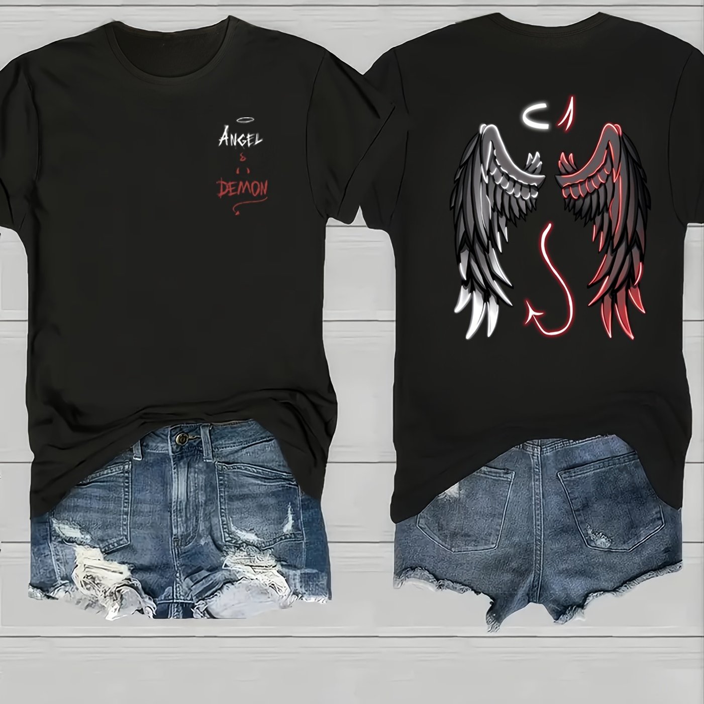 Image of Women's & Demon Wings T-shirt - Double-sided Short Sleeve Round Neck Top With /demon Print, Suitable For Casual Wear, Themed Parties, Everyday Outfits - Machine Washable Style For - Outfits (no )