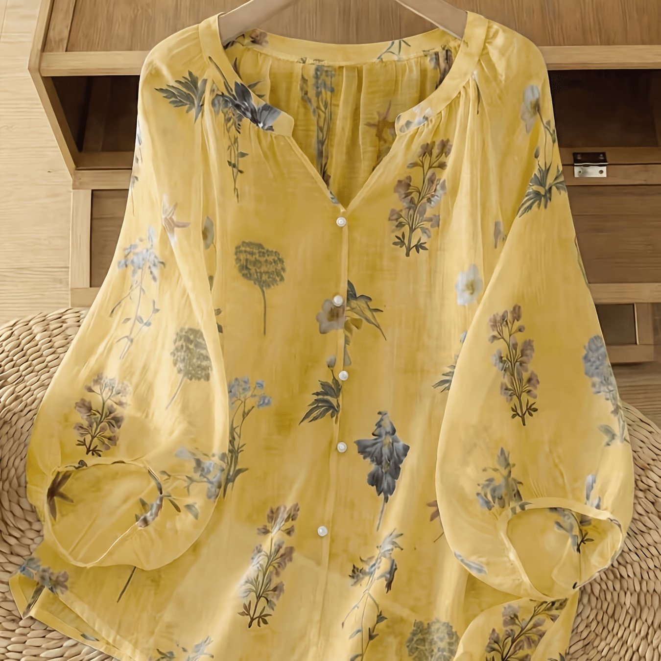 TEMU Plus Size - Vintage V-neck Lantern Sleeve Loose Casual Plus Size Women's Blouse