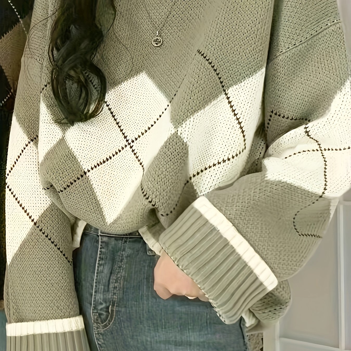 TEMU Grande Taille - Pull Décontracté Rhombes Jacquard Manches Longues Élégant Pull Automne Hiver Femme