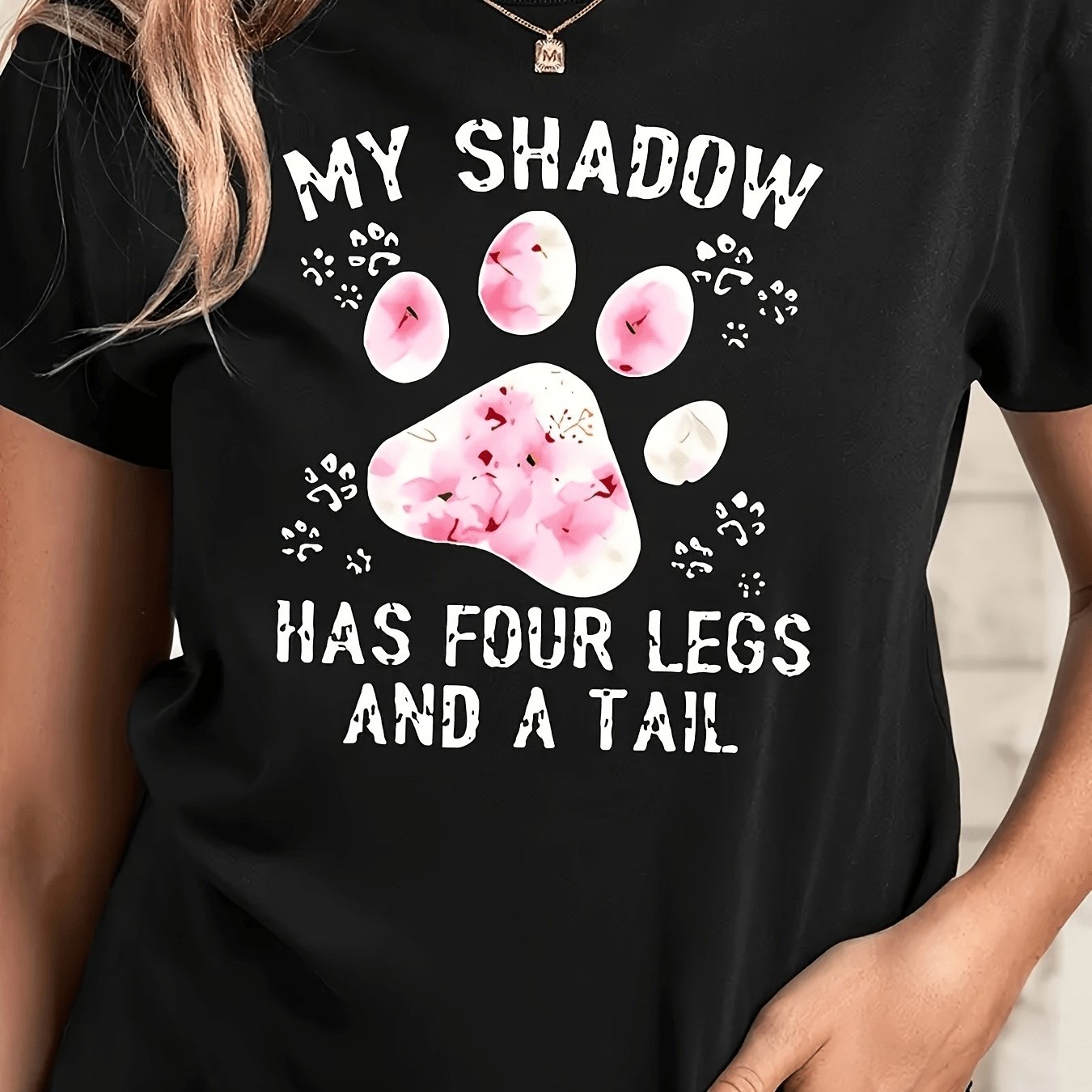 TEMU Women's Plus Size Paw Print T-shirt With "wo Has 4 Legs" & Dog Bone - Stretchy Short Sleeve Crew Neck Casual Tee Suitable For Spring Summer Fall