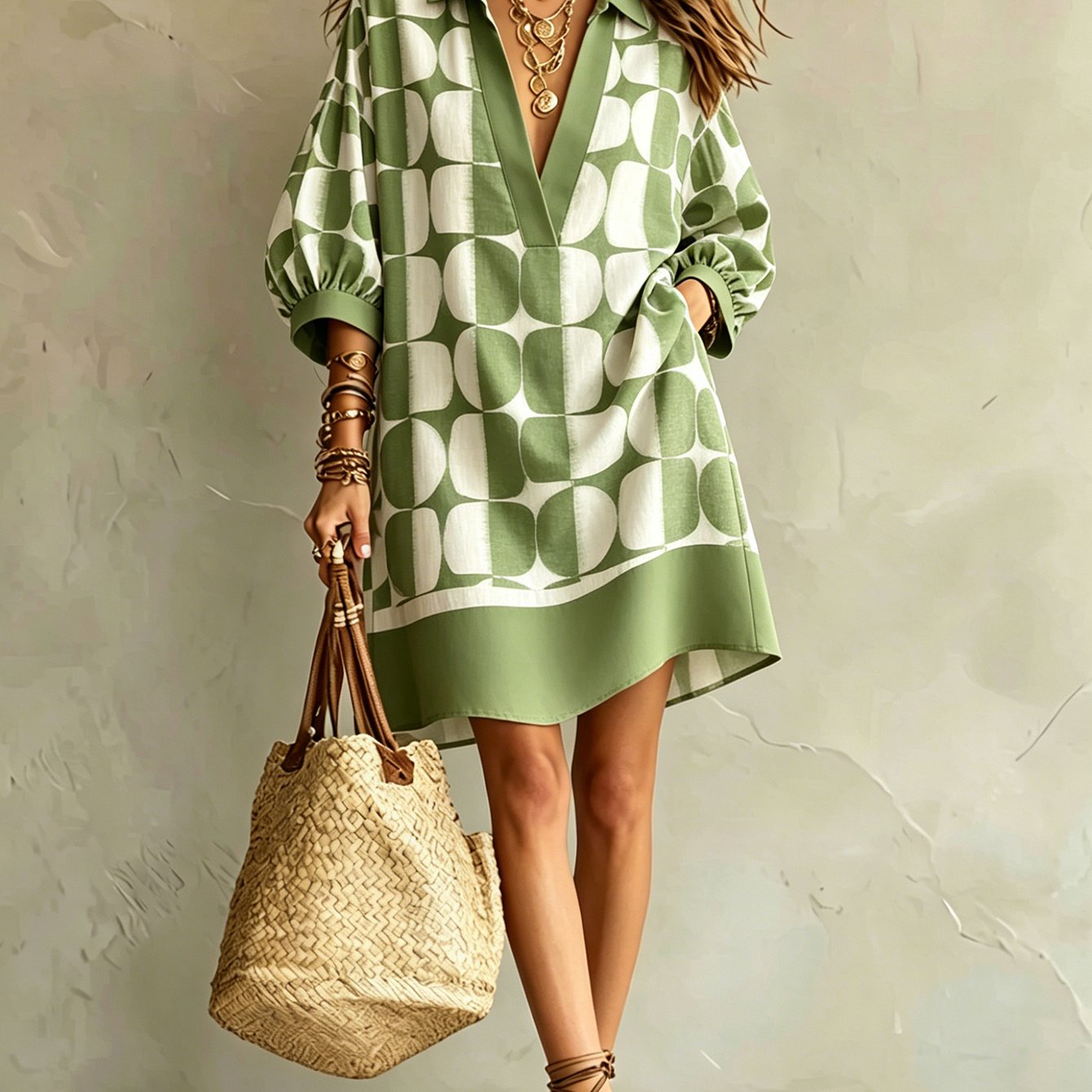 Image of Women's Summer Dress, -white Geometric Print V-neck Lantern Sleeve, Loose , Vacation Casual Lazy Style, Breathable Comfortable Figure-flattering Fits All Body Types, Suitable For Beach Vacation Daily